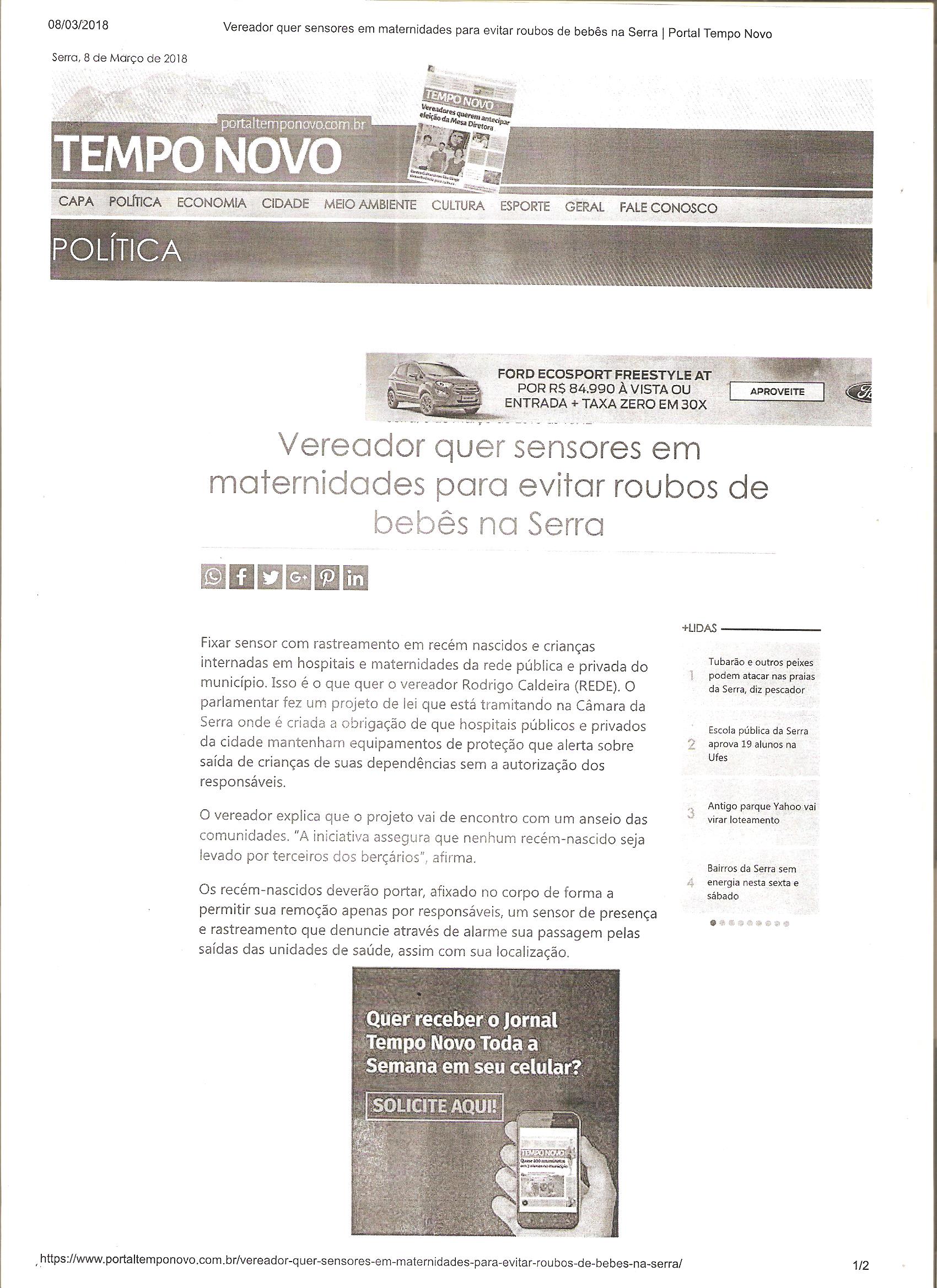 CLIPPING TN 08-03-2018 1,2 SENSORES EM MATERNIDADE