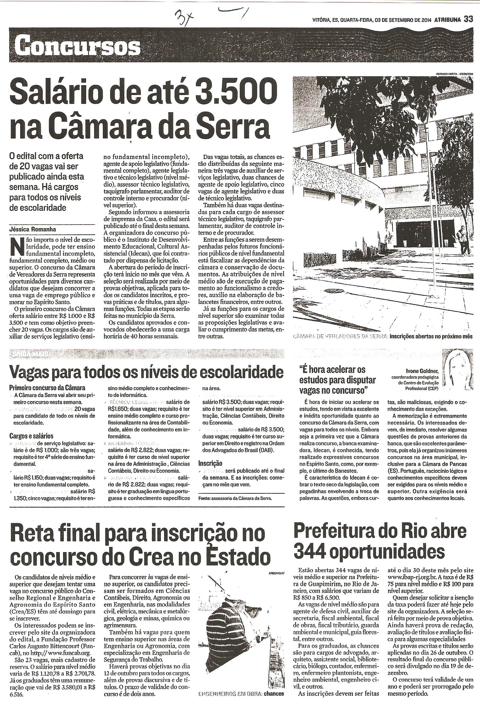 Salário de até 3.500 na Câmara da Serra