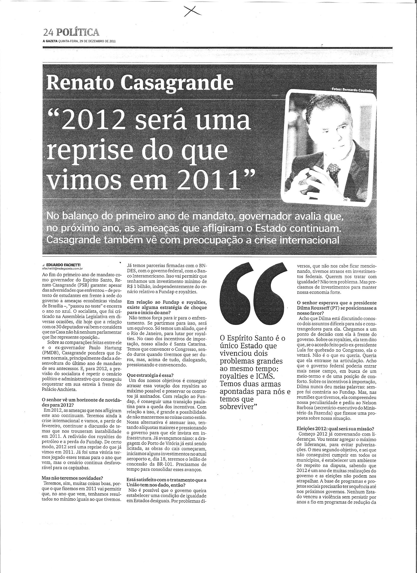 Renato Casagrande ´2012 será uma reprise do que vimos em 2011´ pág.1