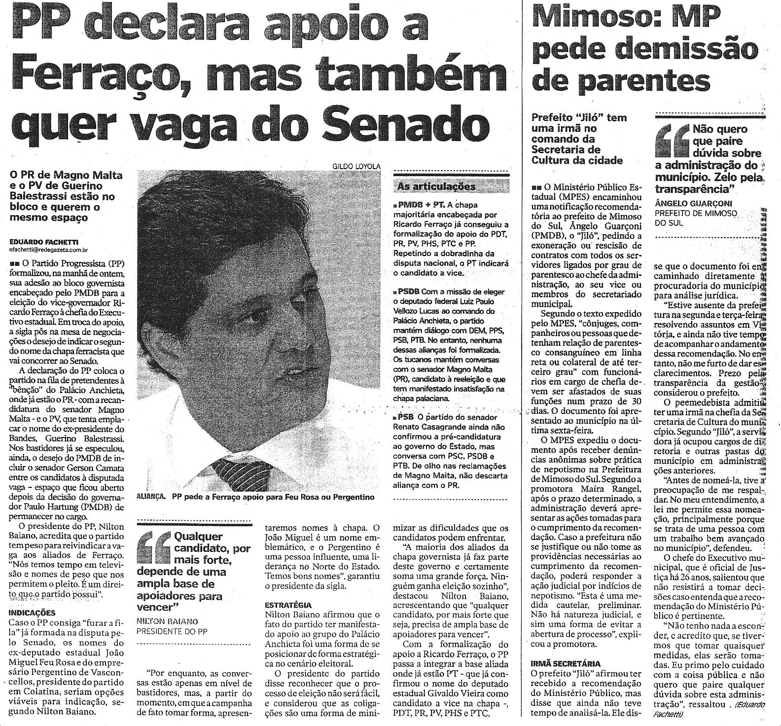 Política - PP declara apoio a Ferraço, mas também quer vaga do Senado