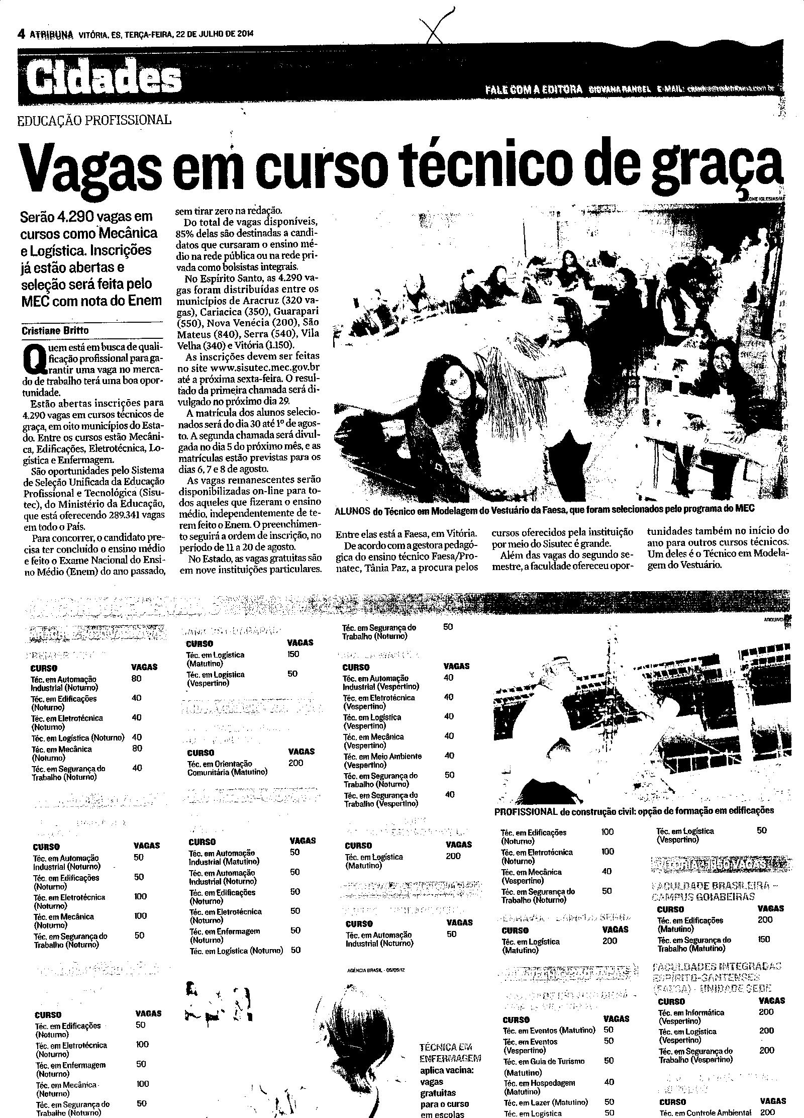 Vagas em curso técnico de graça