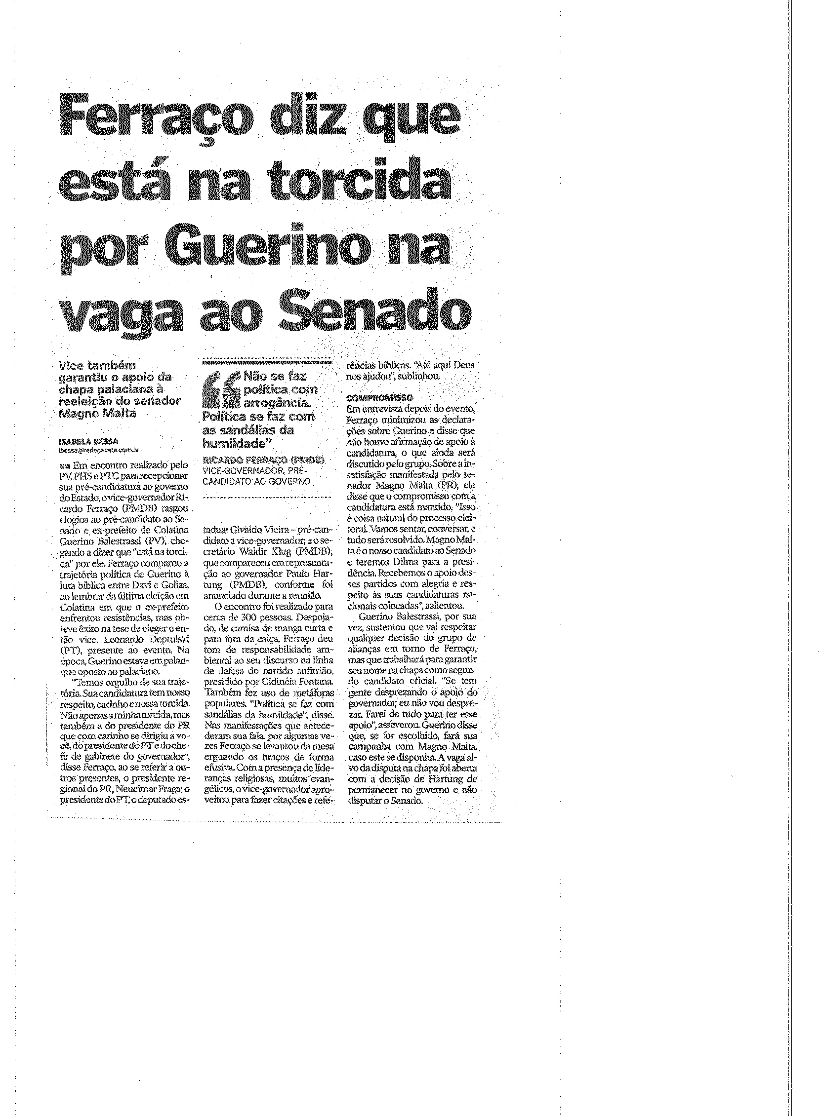 Ferraço diz que está na torcida por Guerino na vaga ao Senado