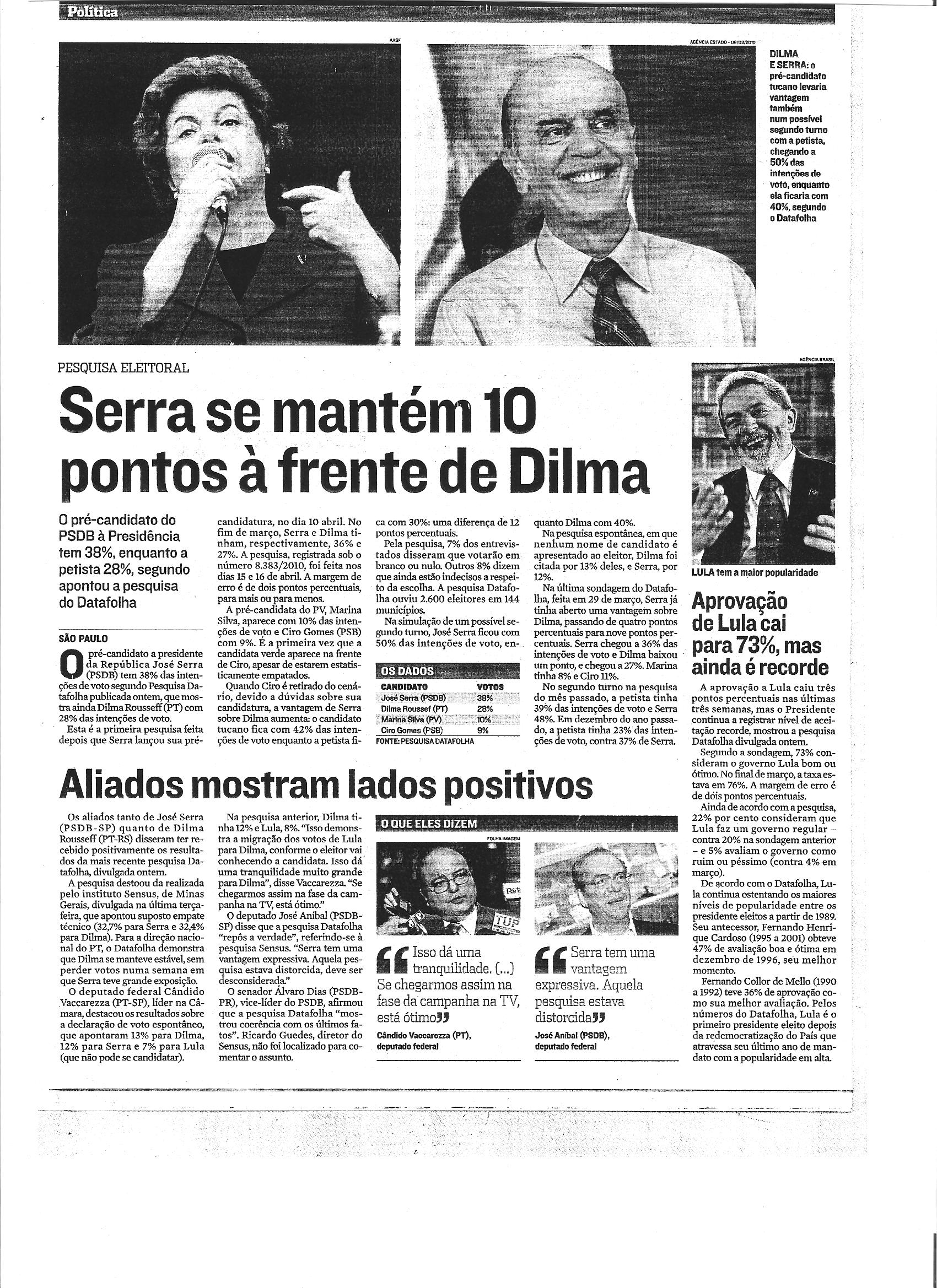 Política - Serra se mantém 10 pontos à frente de Dilma