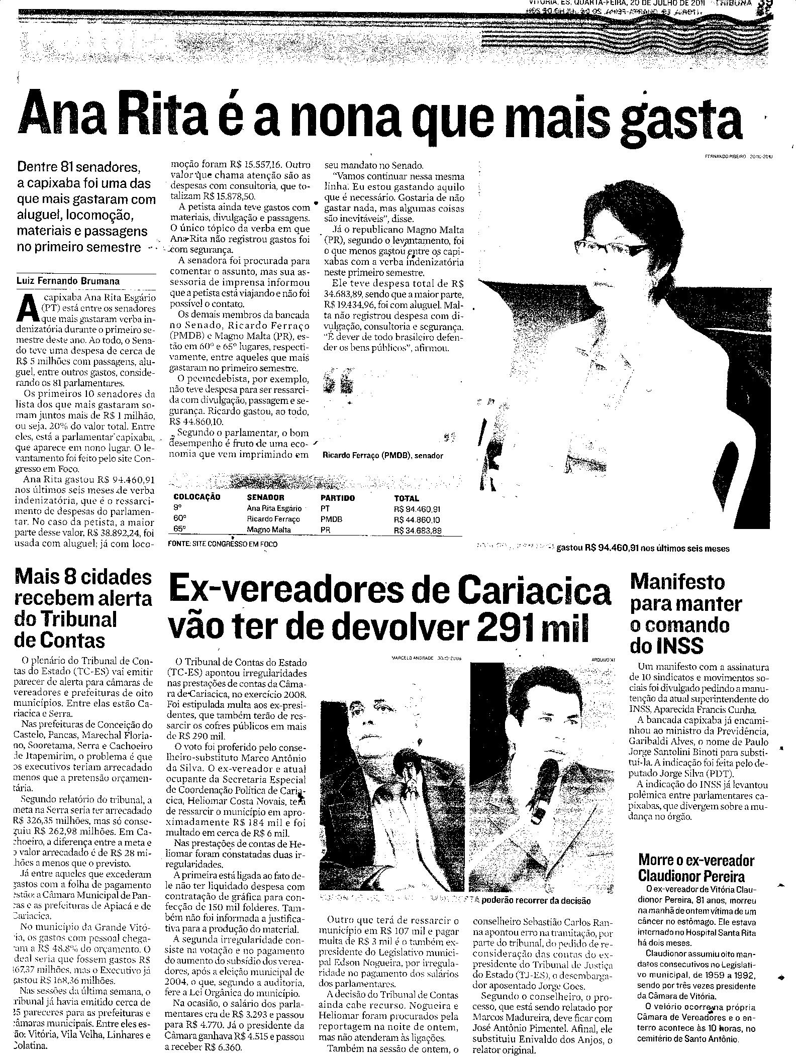Dentre 81 senadores, Ana Rita é a nona que mais gasta 