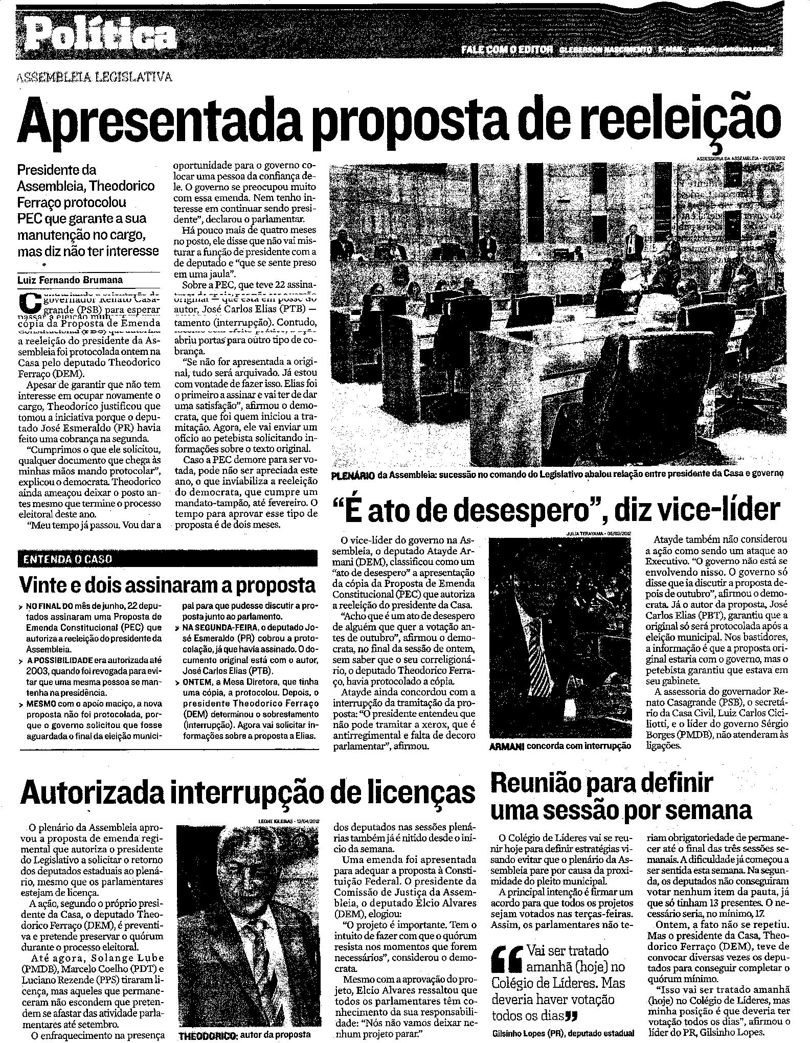 Assembléia Legislativa - Apresentada proposta de reeleição