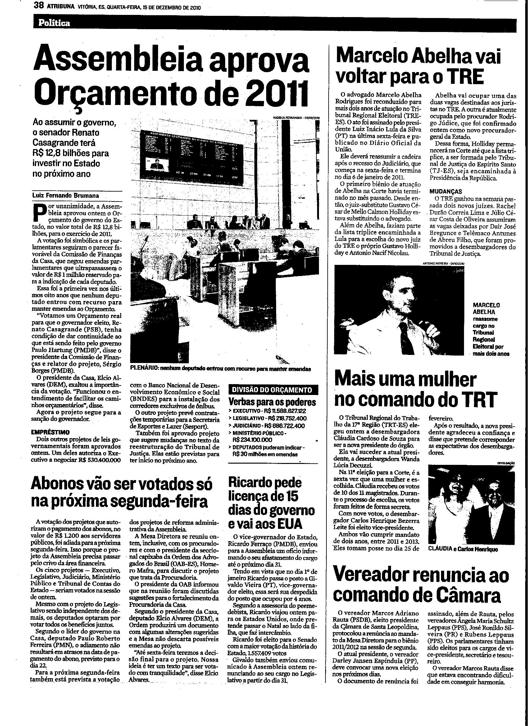 Assembléia aprova Orçamento de 2011