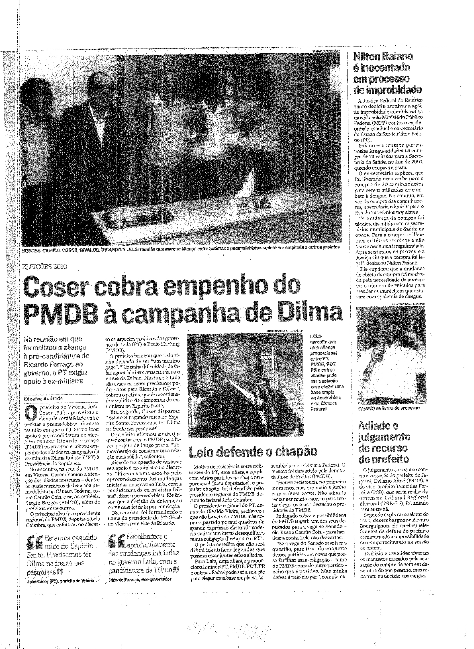 Política - Coser cobra empenho do PMDB à campanha de Dilma