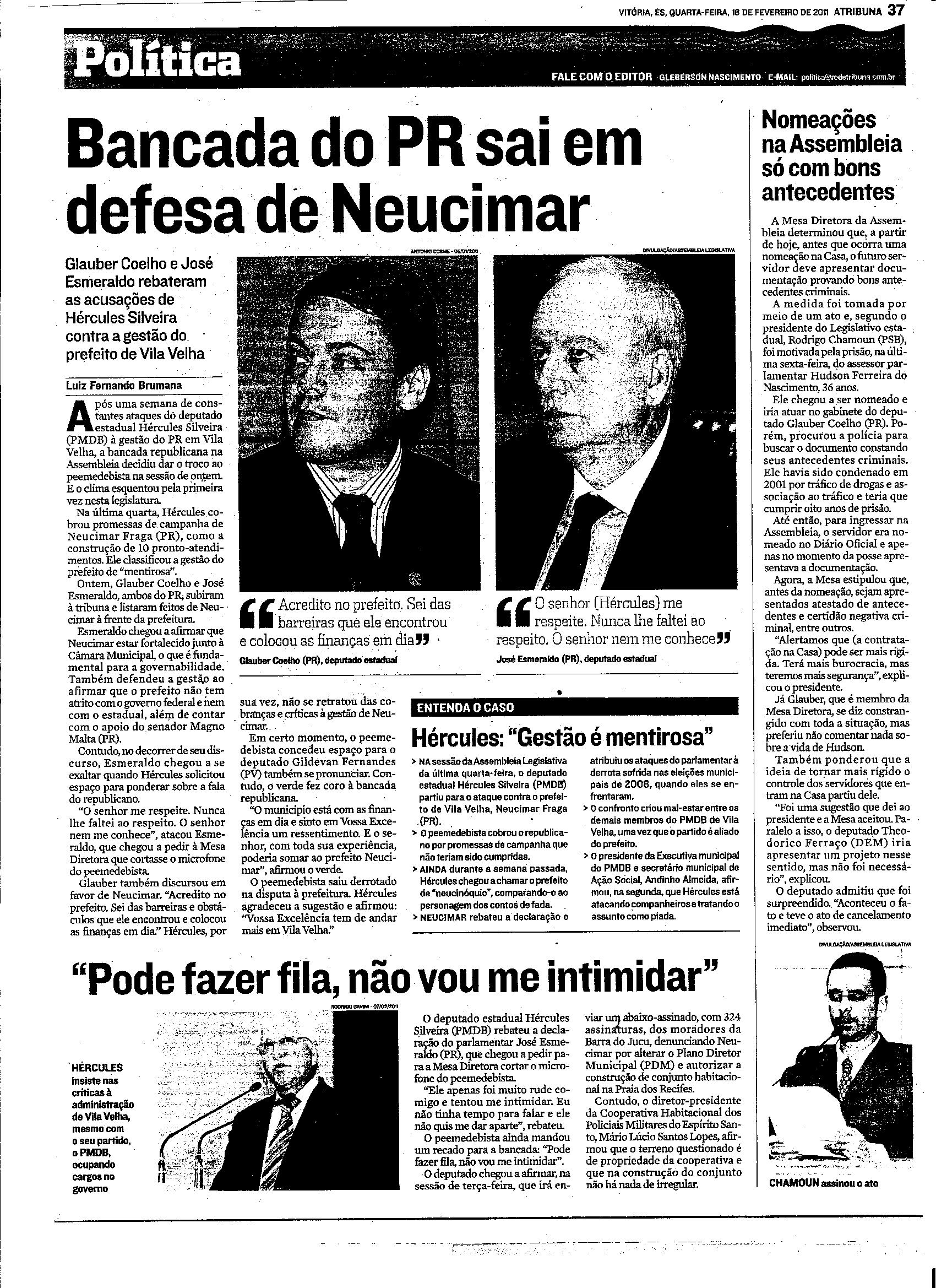 Bancada do PR sai em defesa de Neucimar