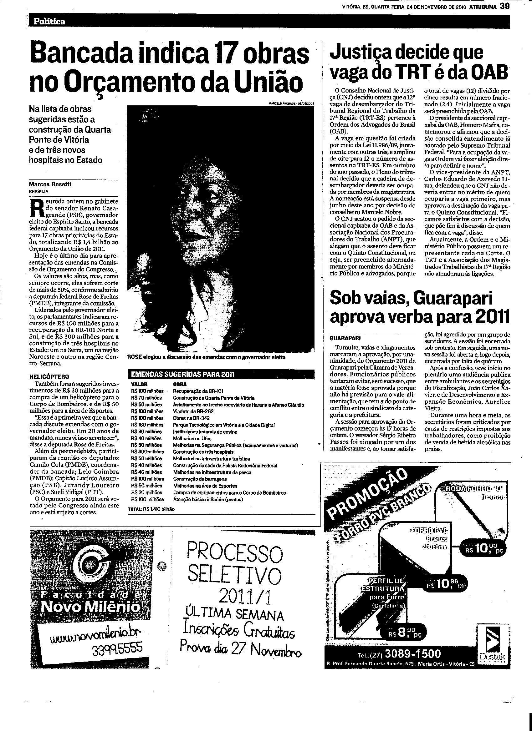 Bancada indica 17 obras no orçamento da União