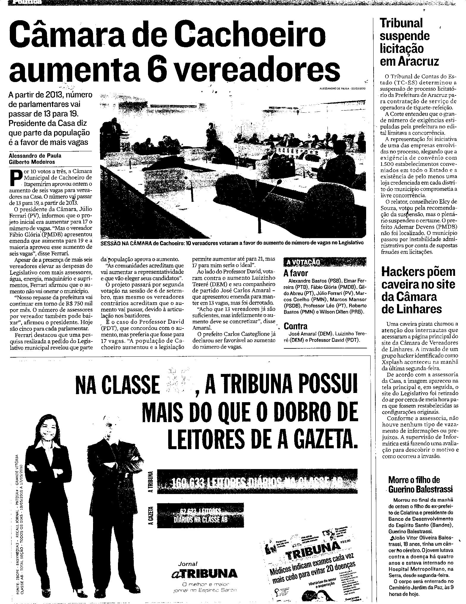 Câmara de Cachoeiro aumenta 6 vereadores