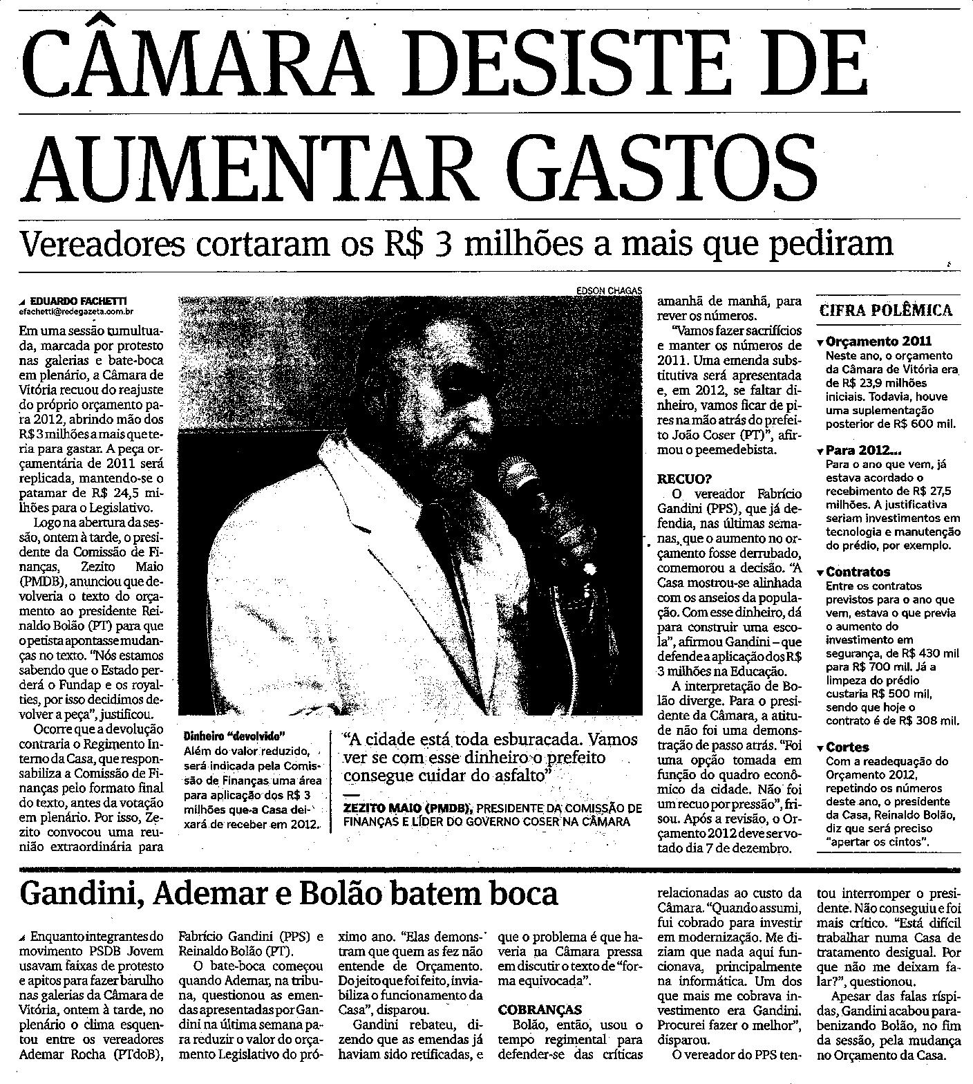 Câmara de Vitória desiste de aumentar gastos