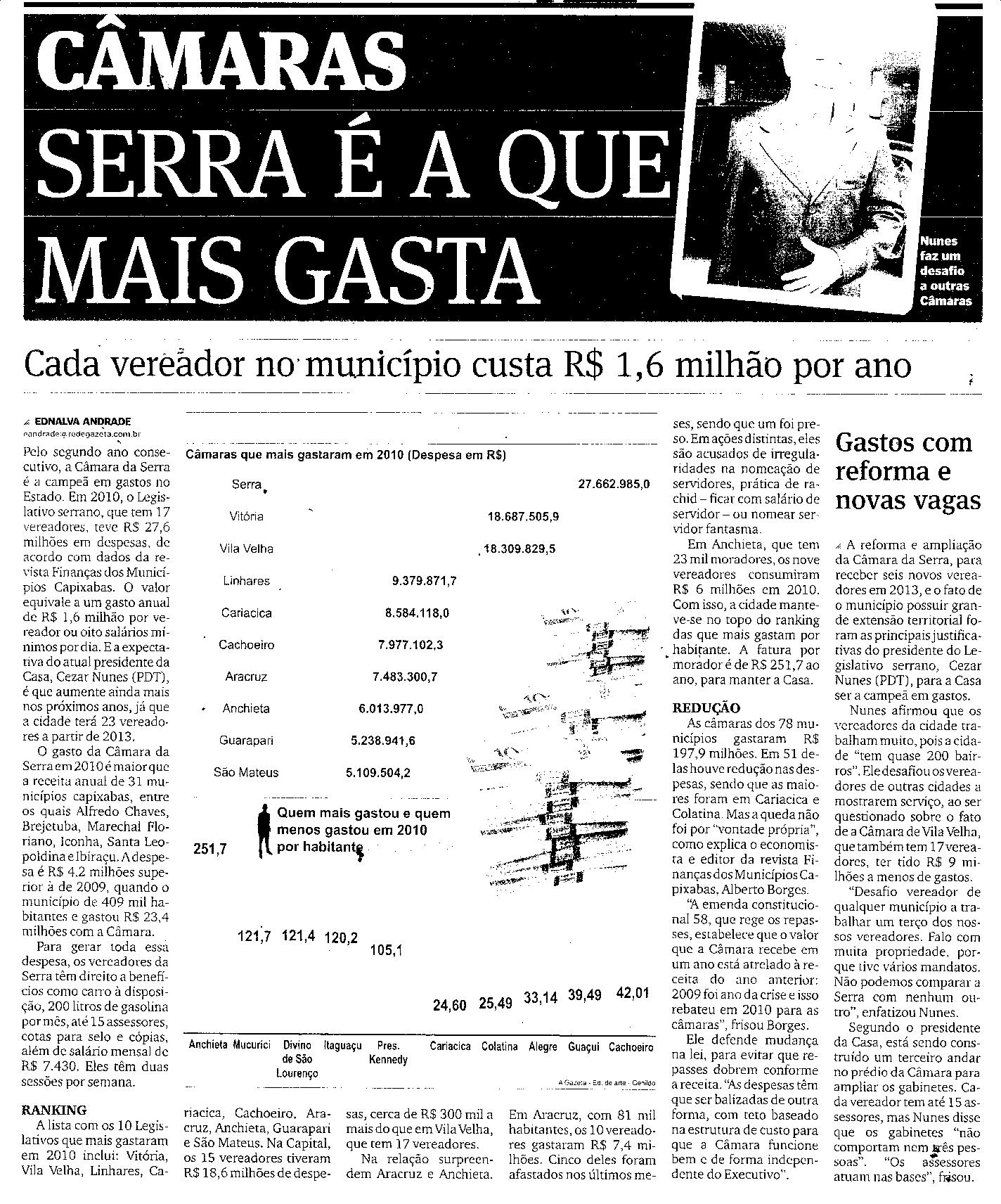 Câmaras - Serra é a que mais gasta