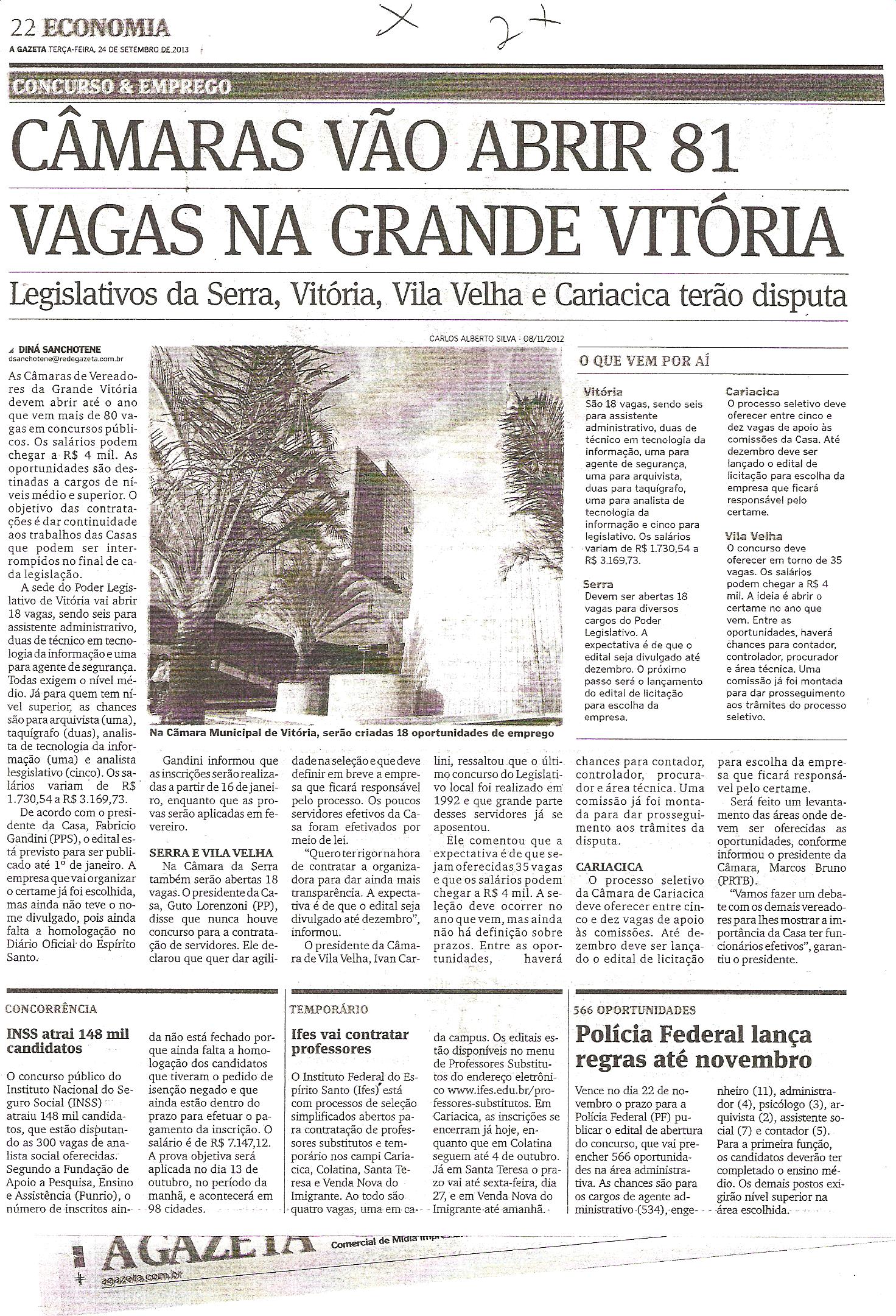 Câmaras vão abrir 81 vagas na Grande Vitória