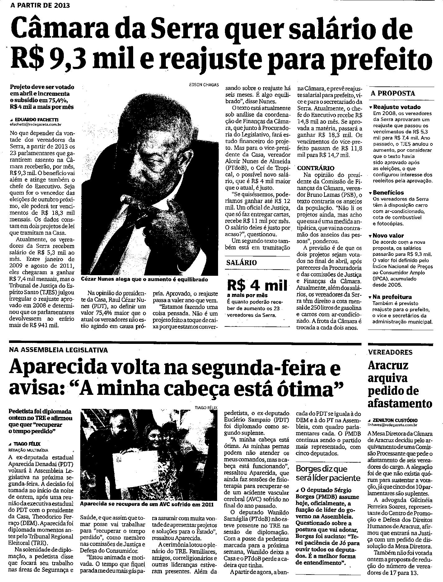 A partir de 2013 - Câmara da Serra quer salário de R$ 9,3 mil e reajuste para prefeito