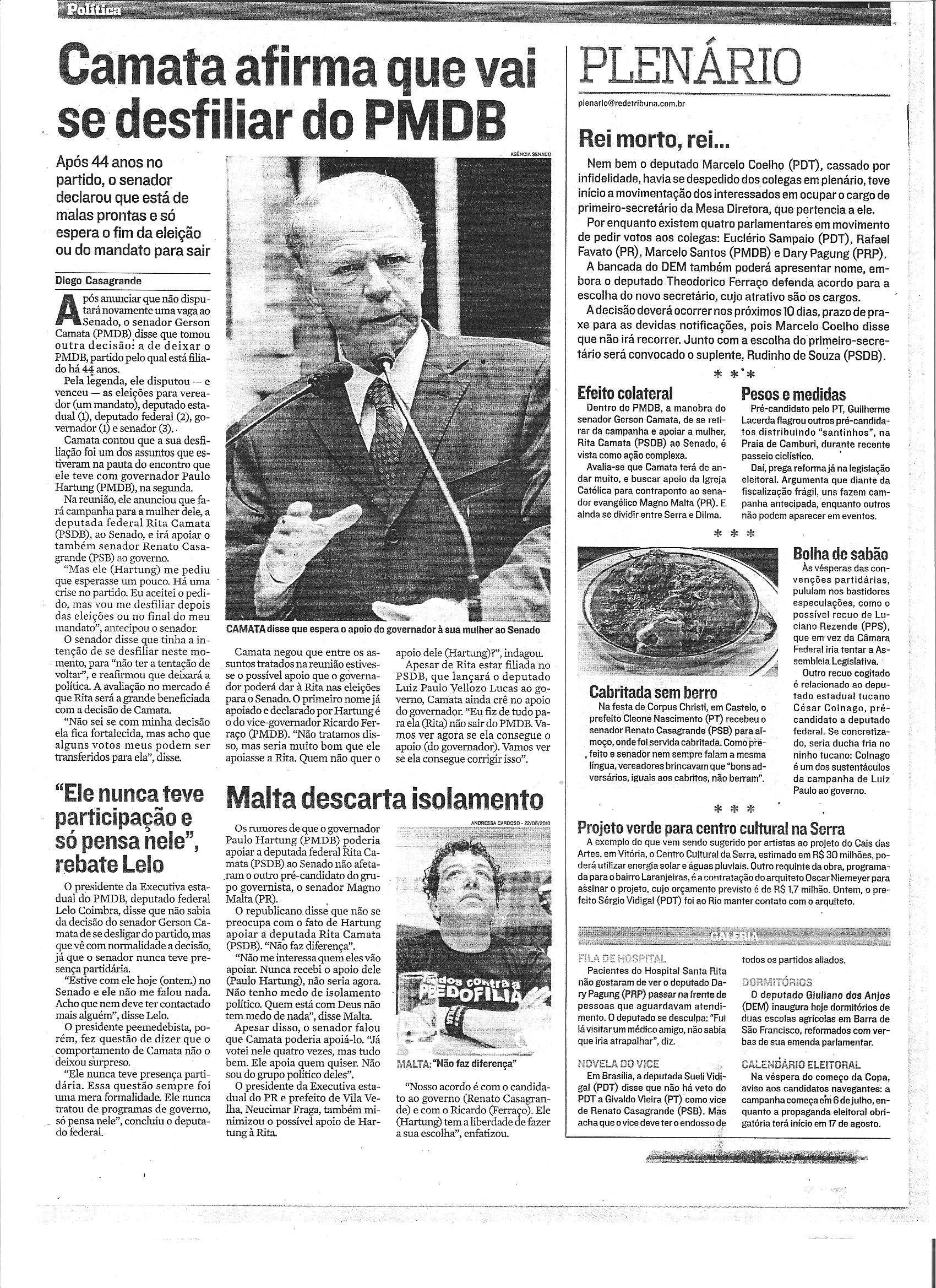 Camata afirma que vai se desfiliar do PMDB