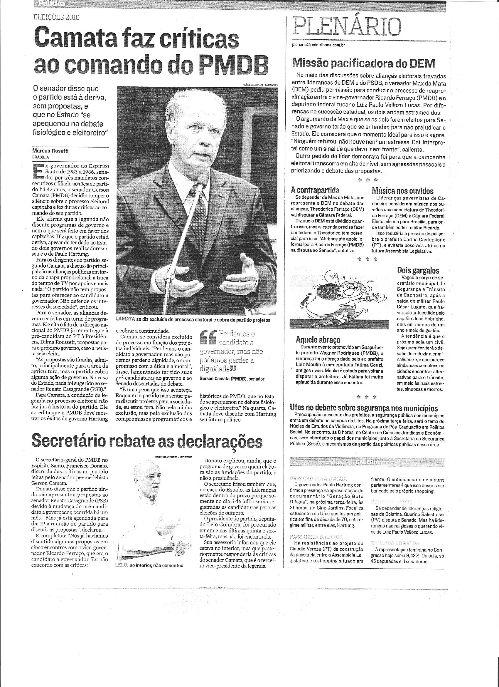 Camata faz críticas ao comando do PMDB