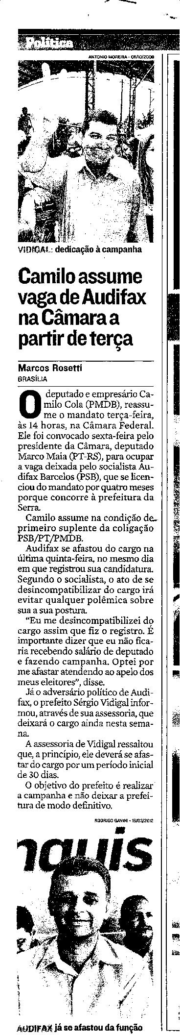 Camilo assume vaga de Audifax na câmara a partir de terça