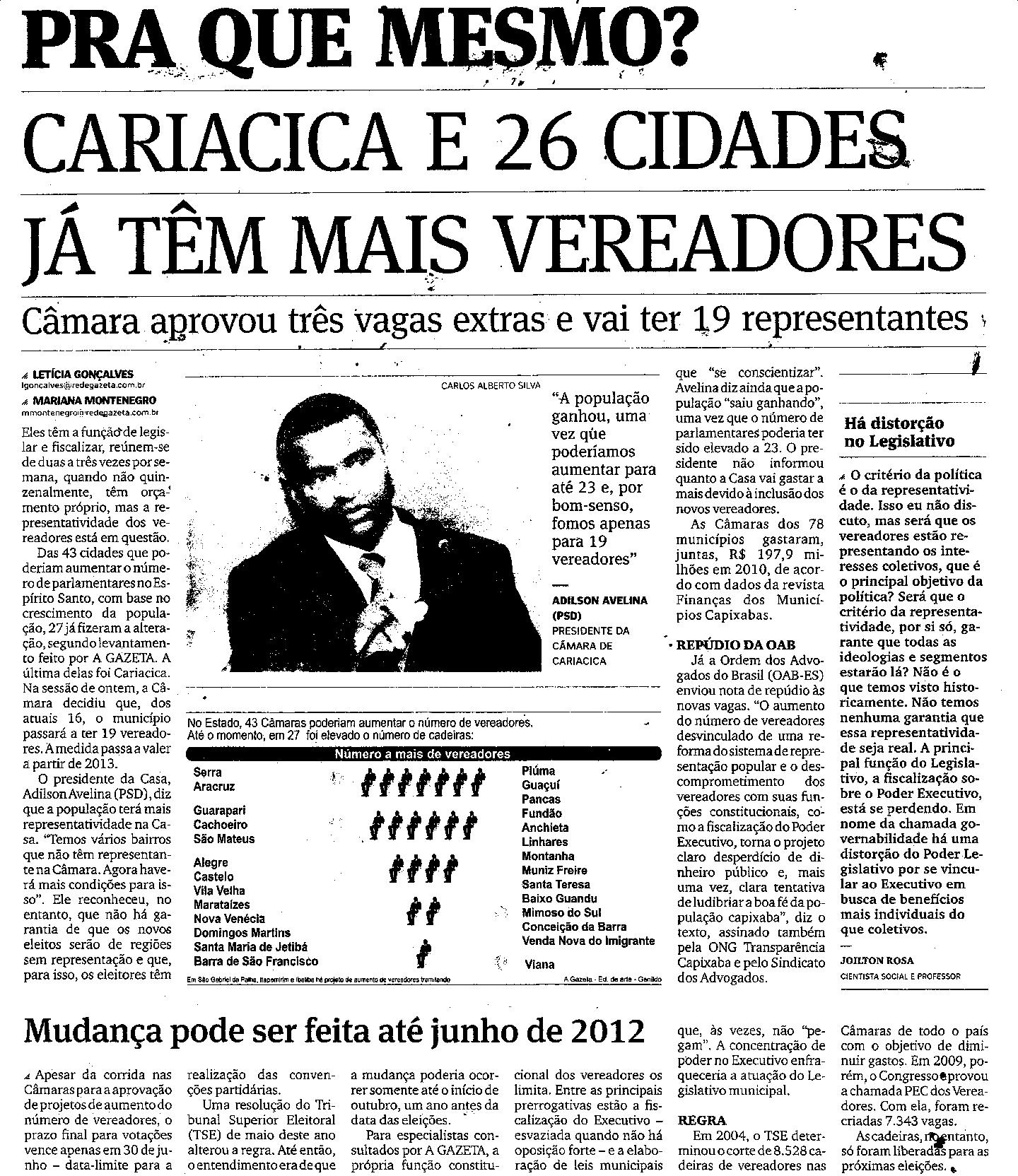 Cariacica e 26 cidades já têm mais vereadores