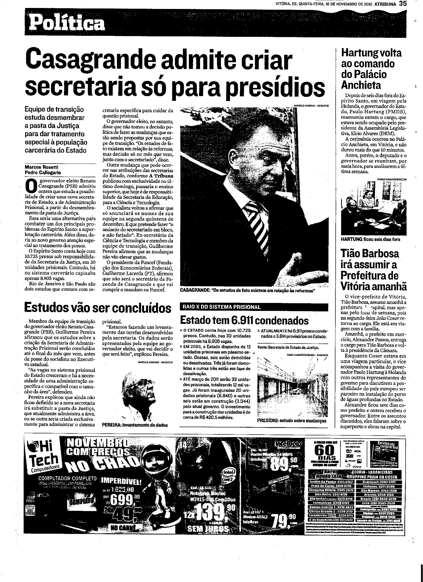 Casagrande admite criar secretaria só para presídios