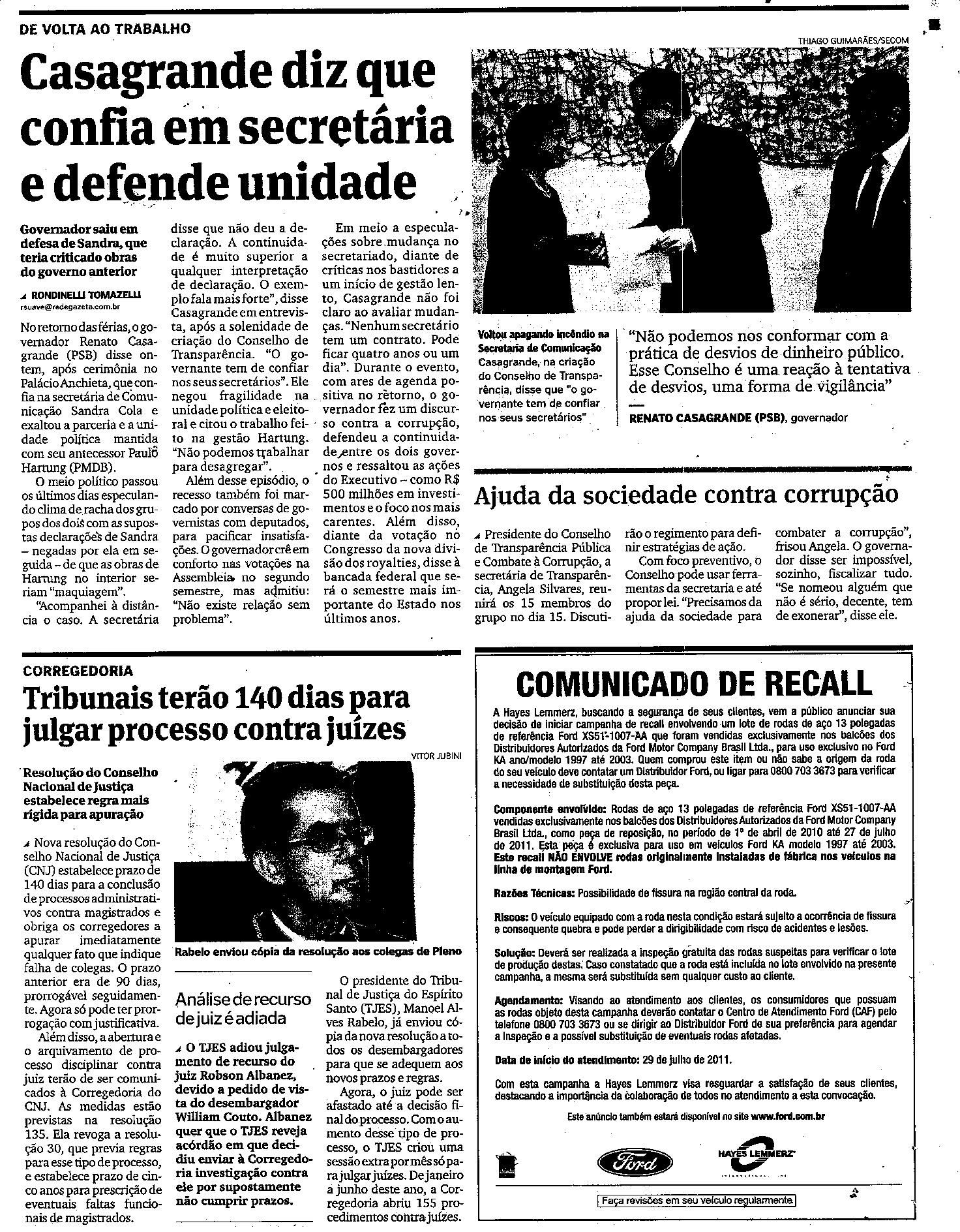 Casagrande diz que confia em secretária e defende unidade
