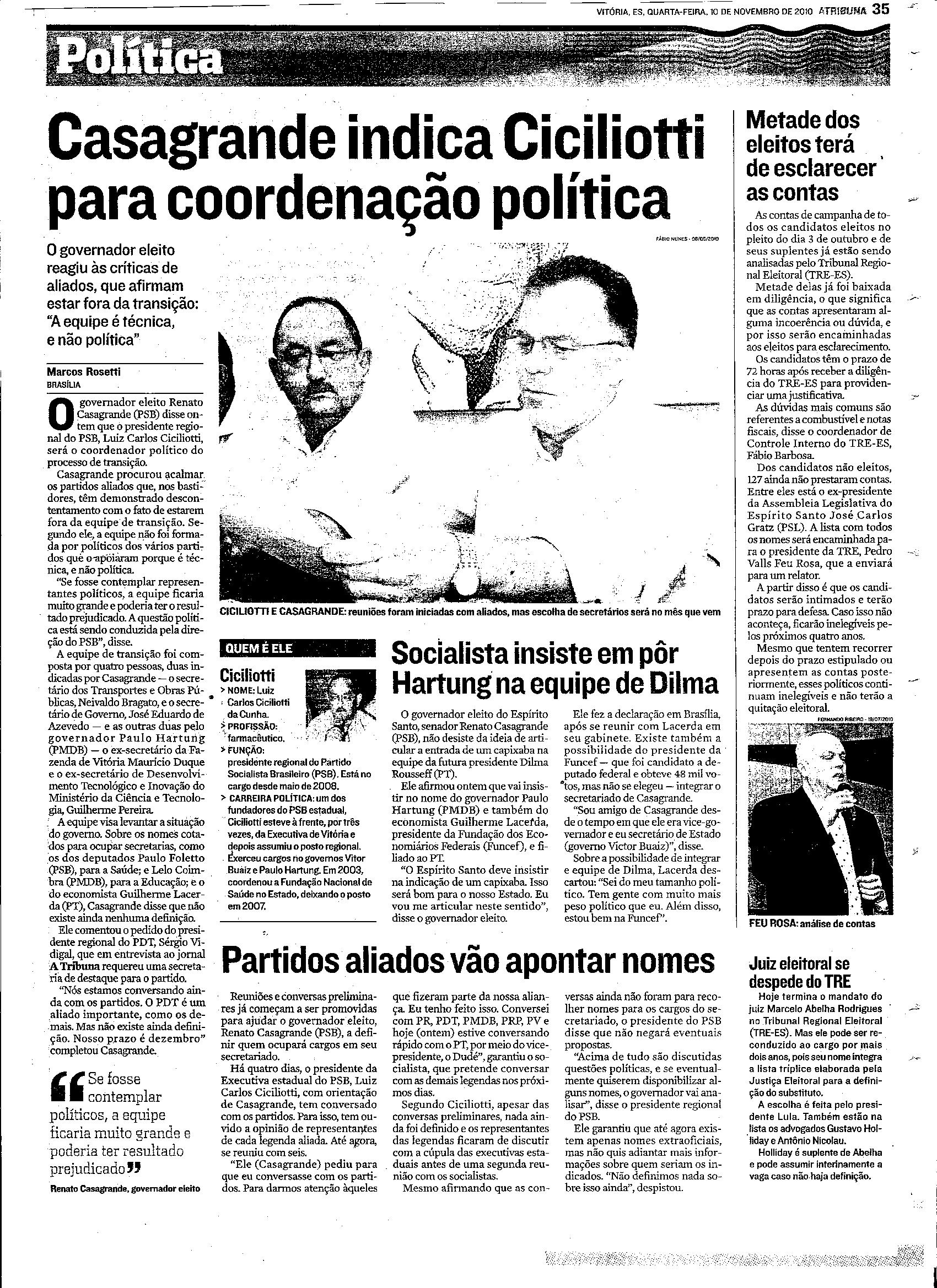 Casagrande indica Ciciliotti para coordenação política