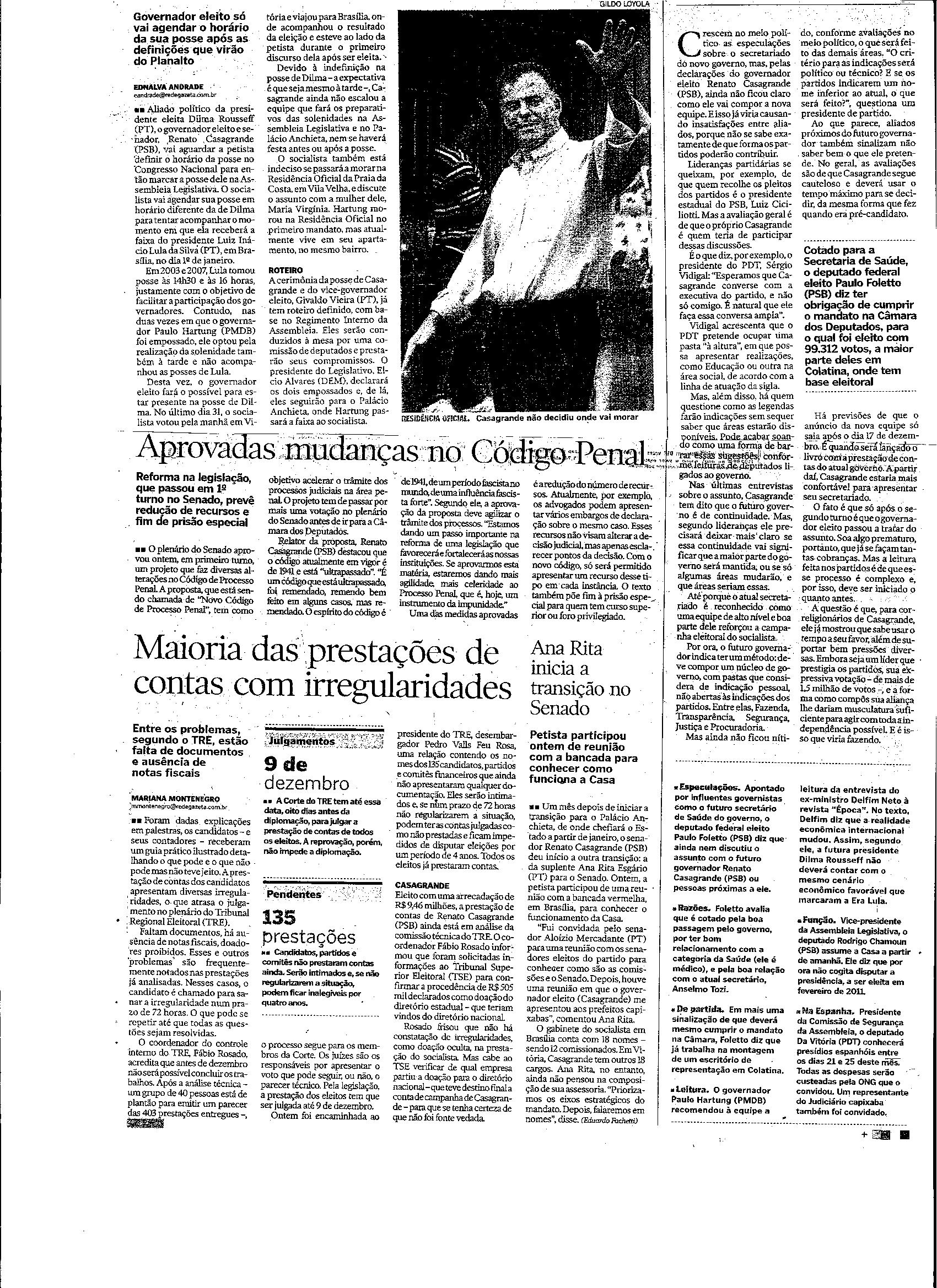 Casagrande vai acompanhar posse de Dilma em Brasília