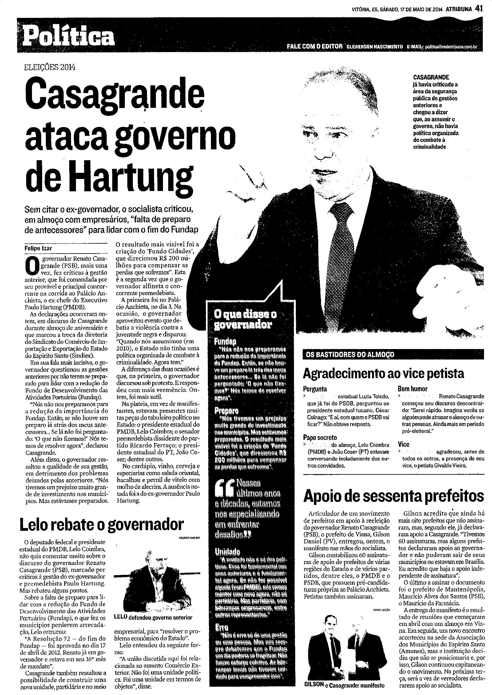Casagrande ataca governo de Hartung
