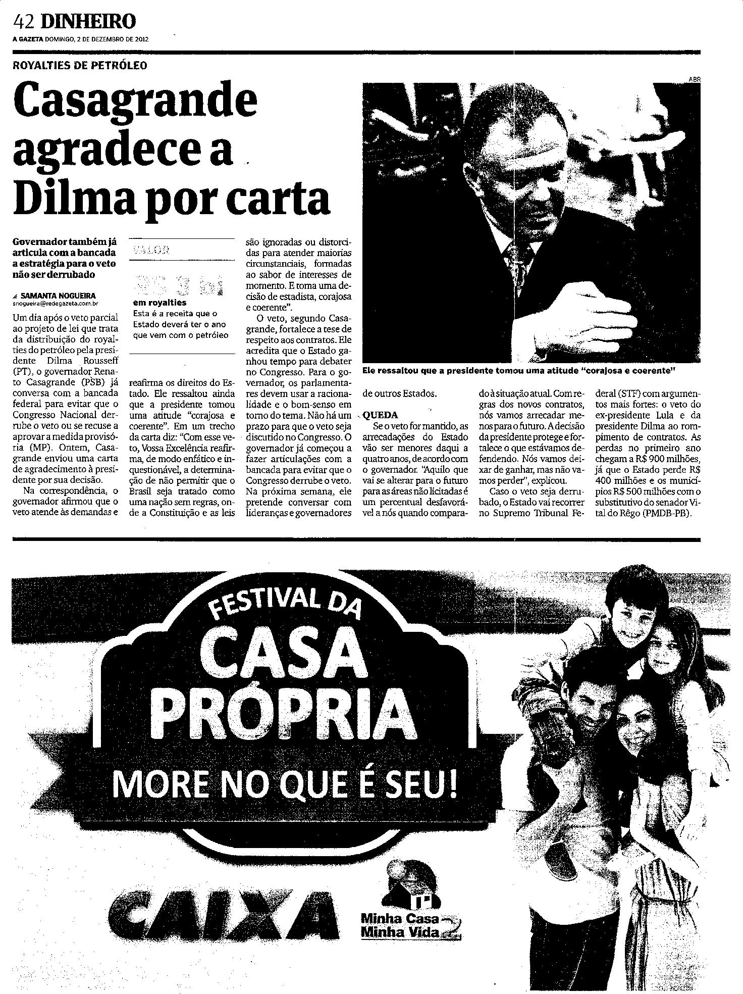Casagrande agradece a Dilma por carta