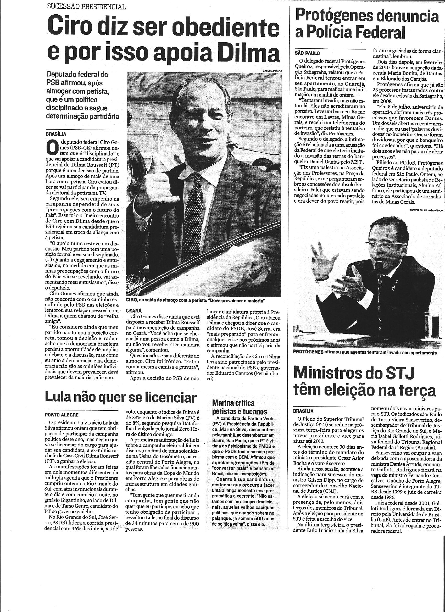 Ciro diz ser obediente e por isso apoia Dilma