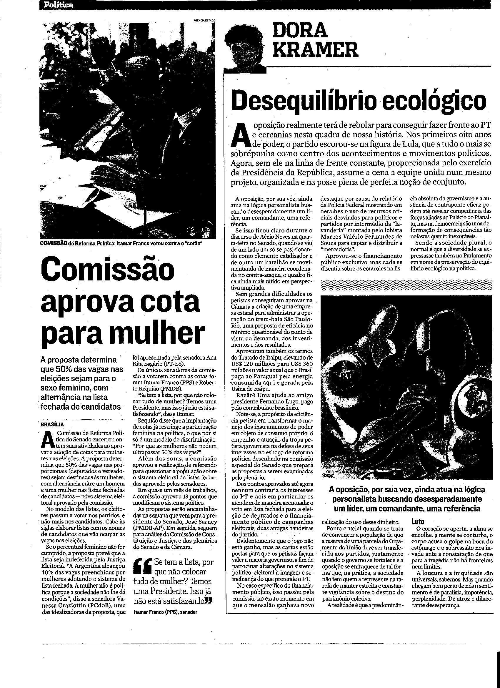 Comissão aprova cota para mulher