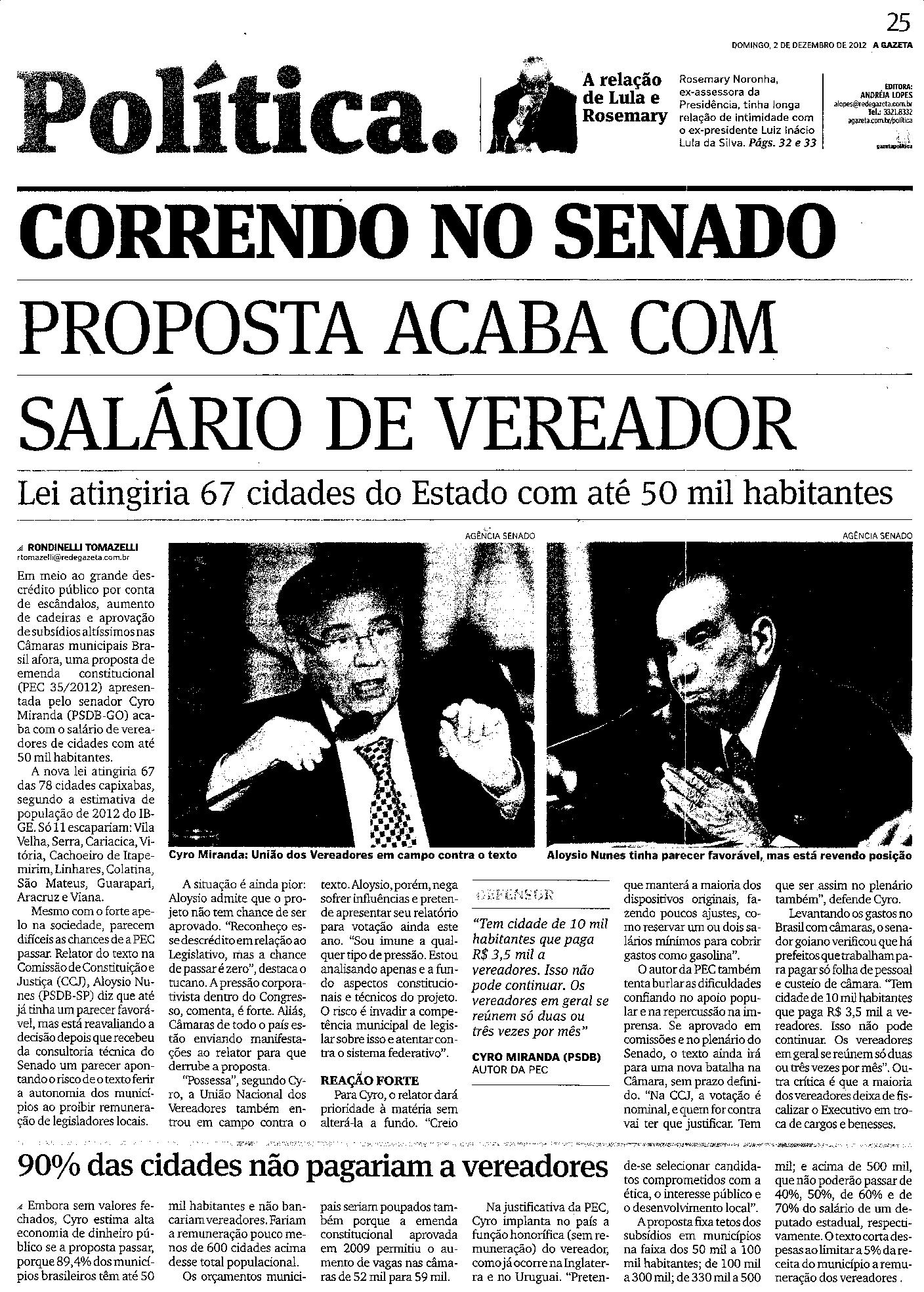 Correndo no Senado - Proposta acaba com salário de Vereador