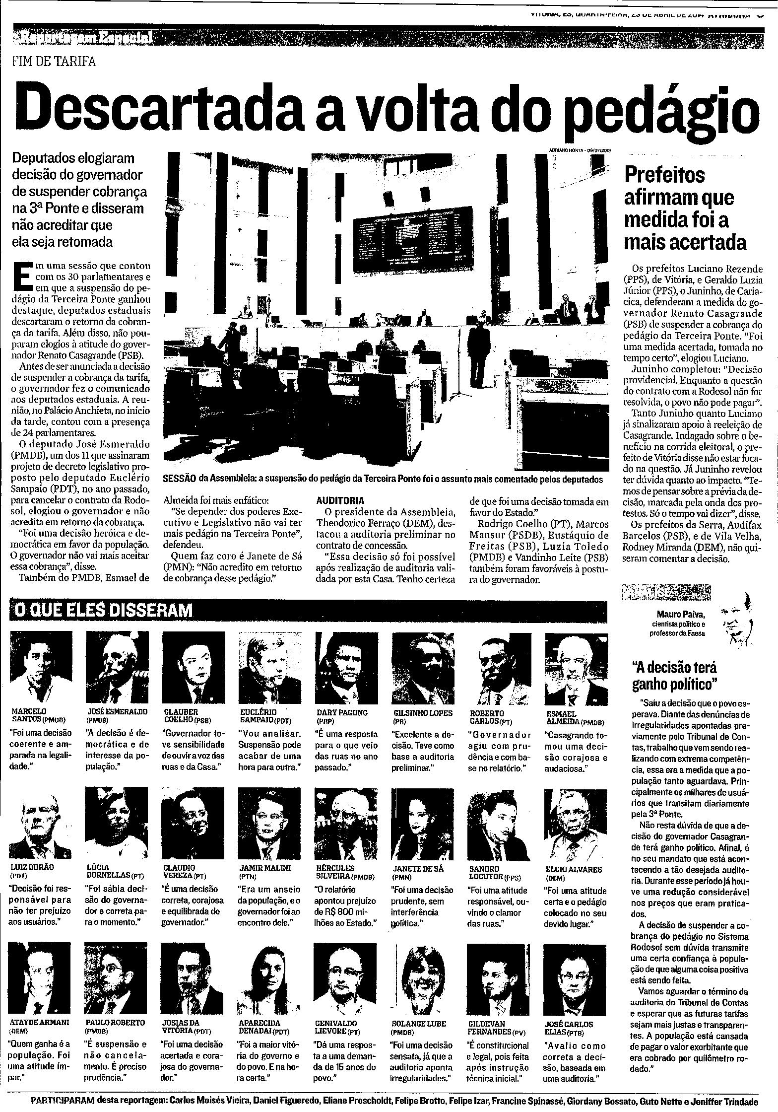 Descartada a volta do pedágio
