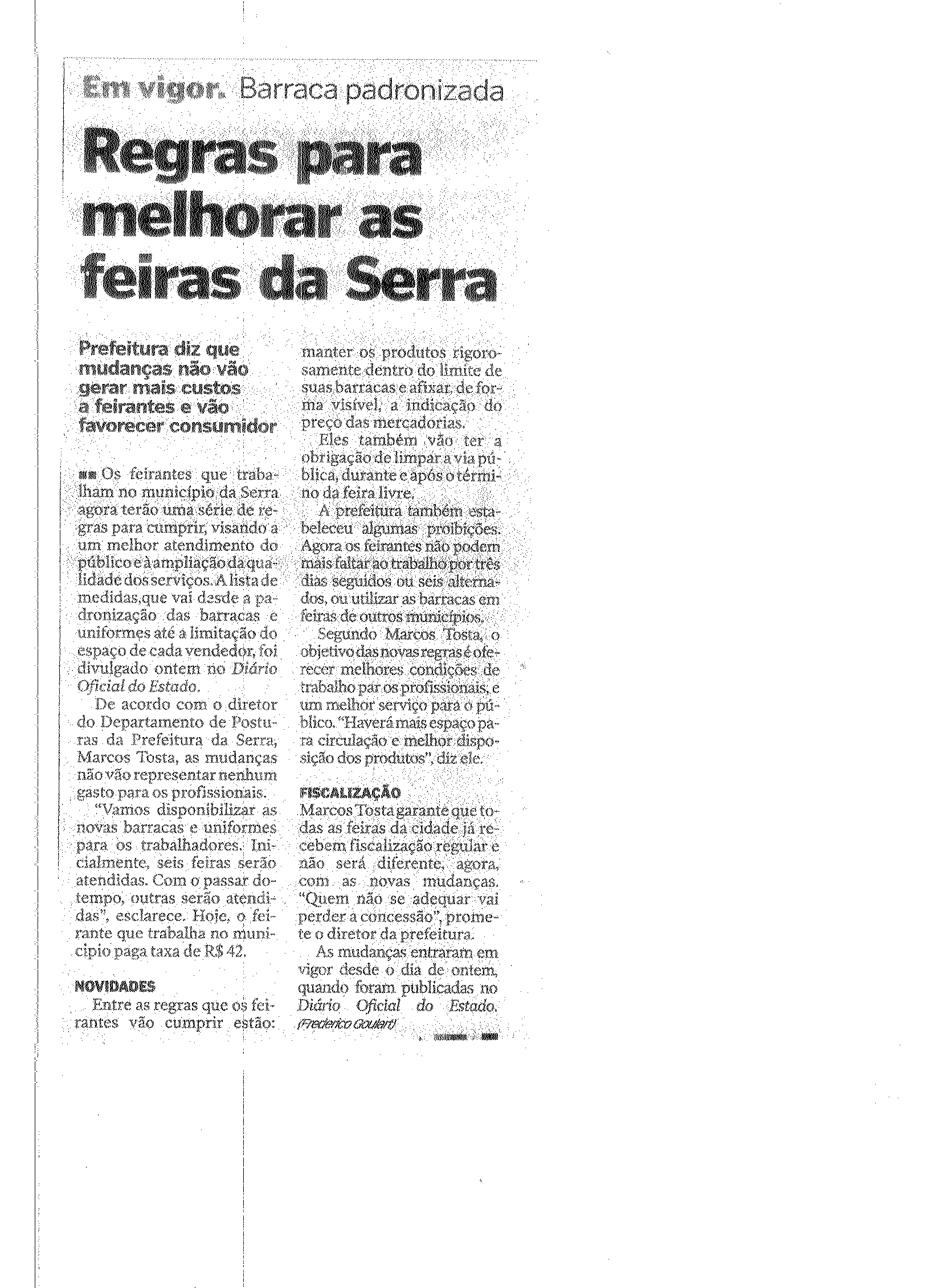 Serra - Regras para melhorar as feiras da Serra