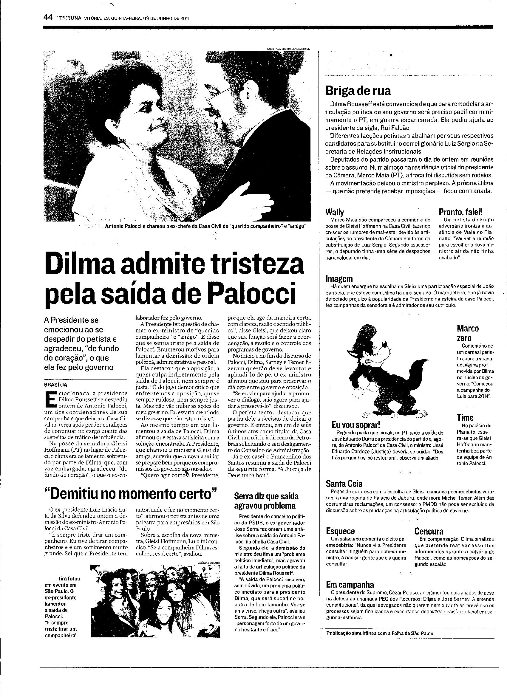 Dilma admite tristeza pela saída de Palocci