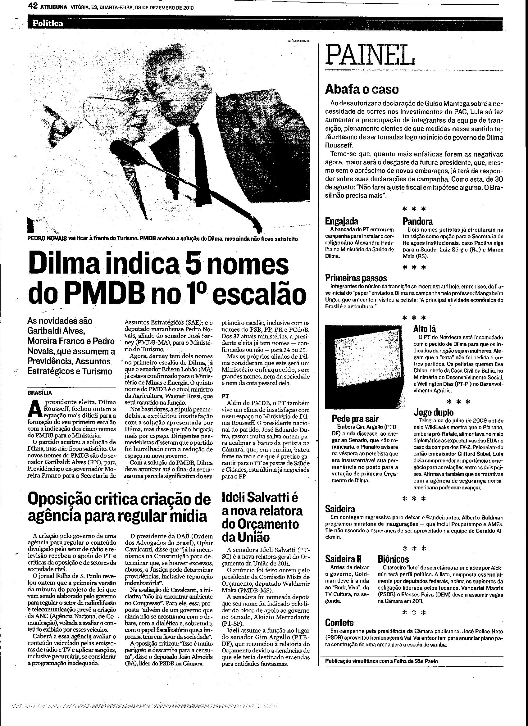 Dilma anuncia 5 nomes do PMDB no 1º escalão