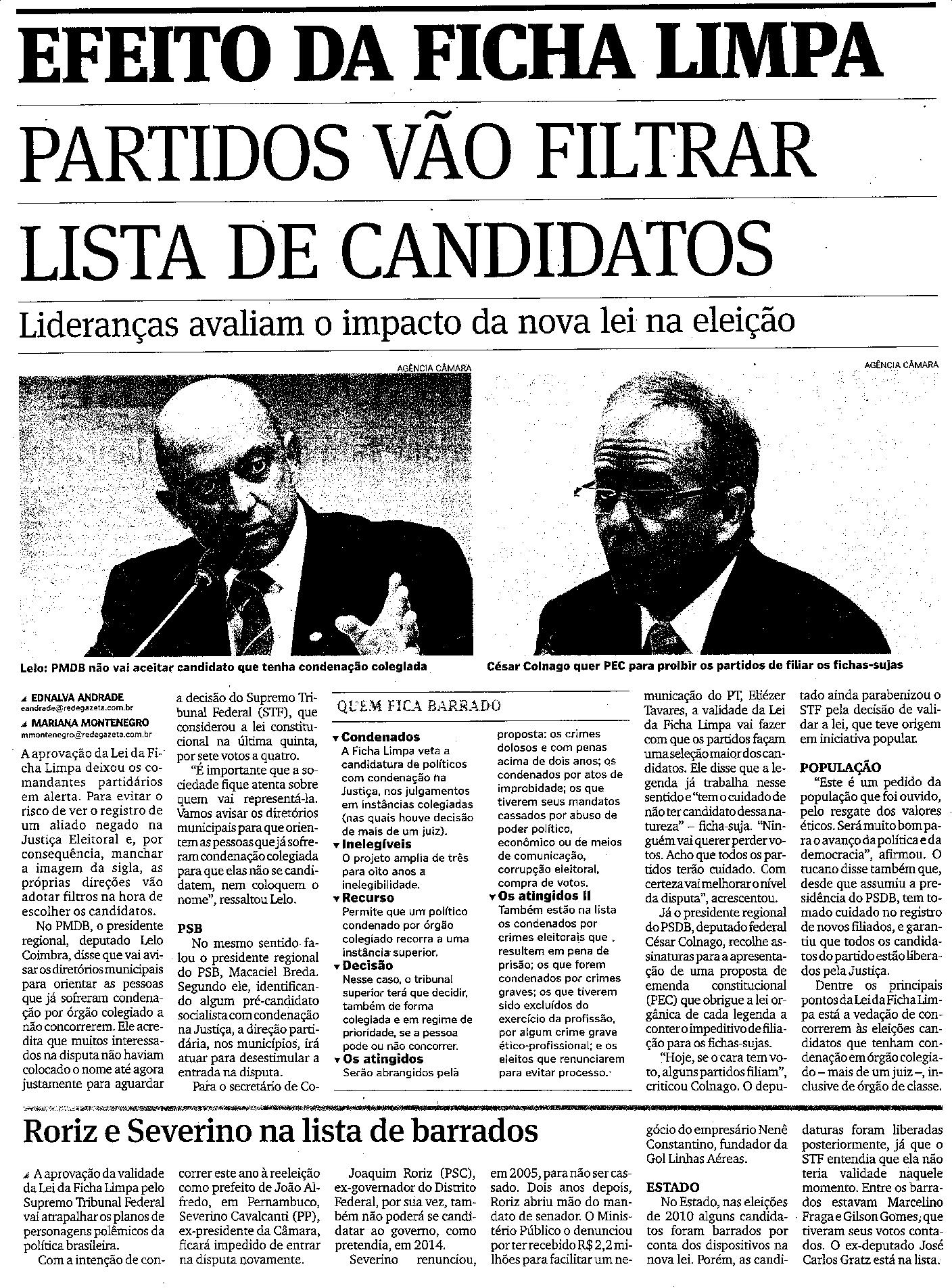 Efeito da Ficha Limpa - Partidos vão filtrar lista de candidatos