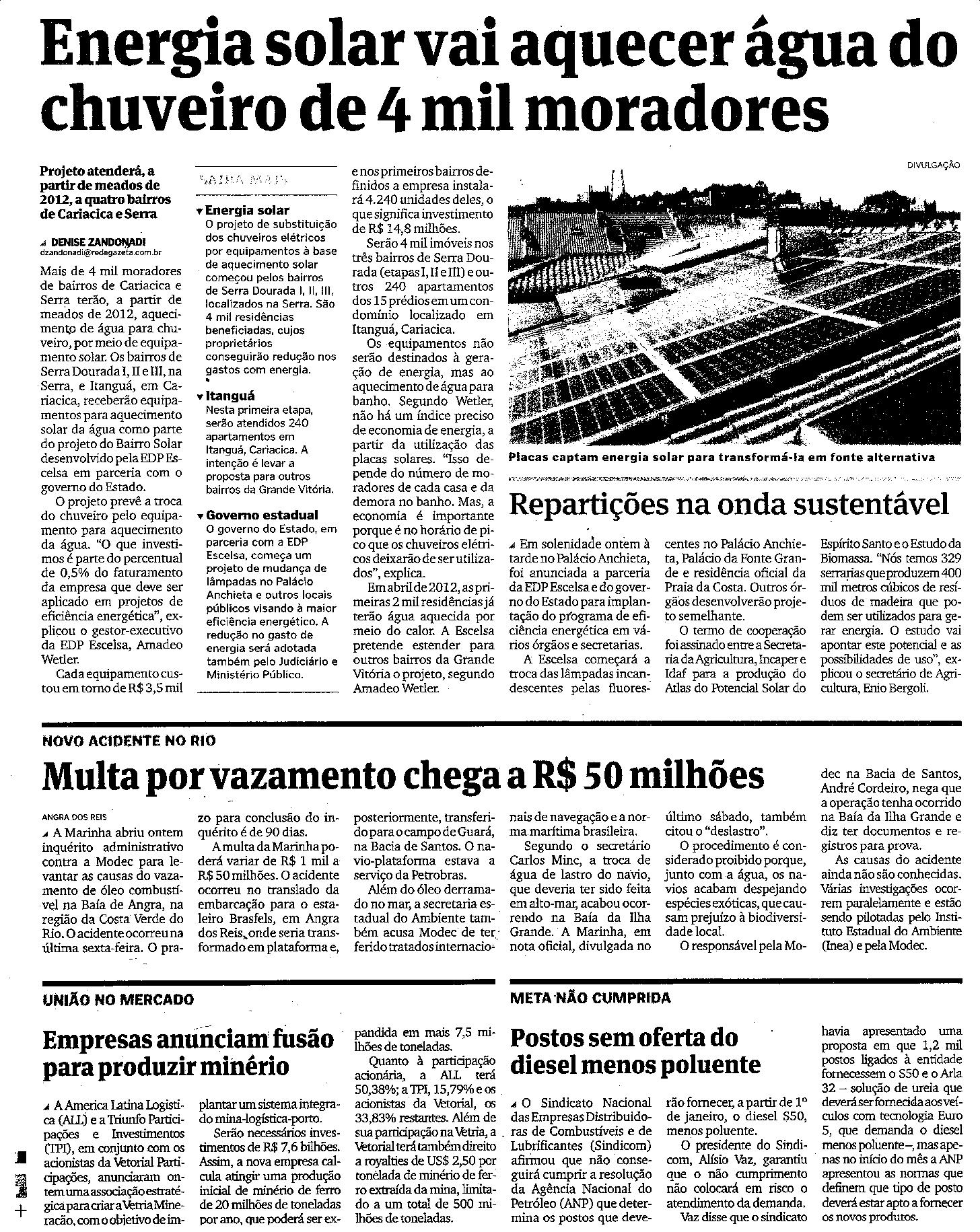 Energia solar vai aquecer água do chuveiro de 4 mil moradores de Cariacica e Serra