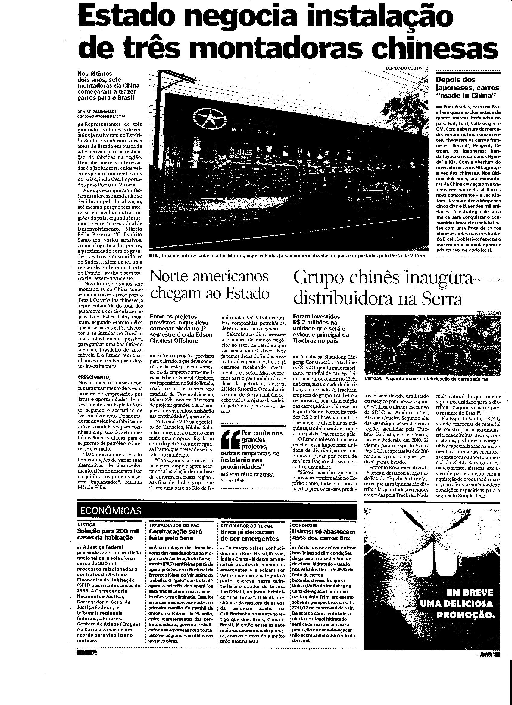 Estado negocia instalação de três montadoras chinesas