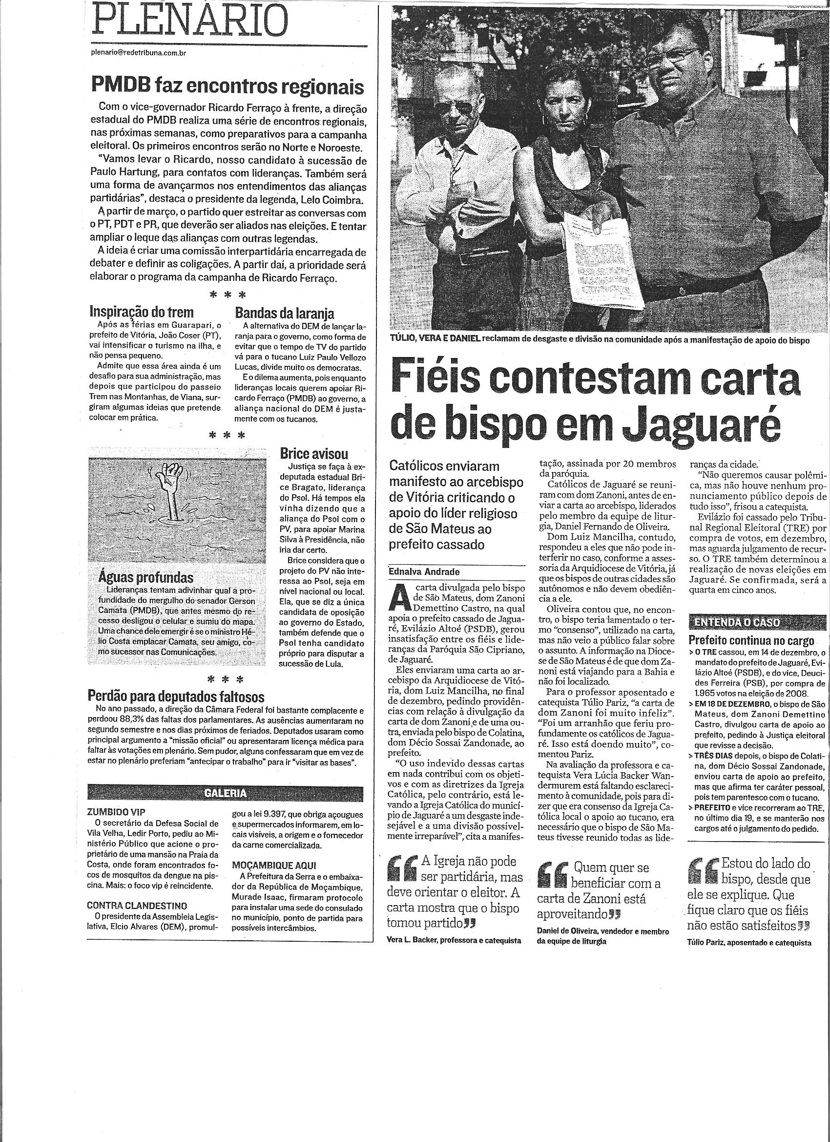 Fiéis contestam carta de bispo em Jaguaré (Plenário)