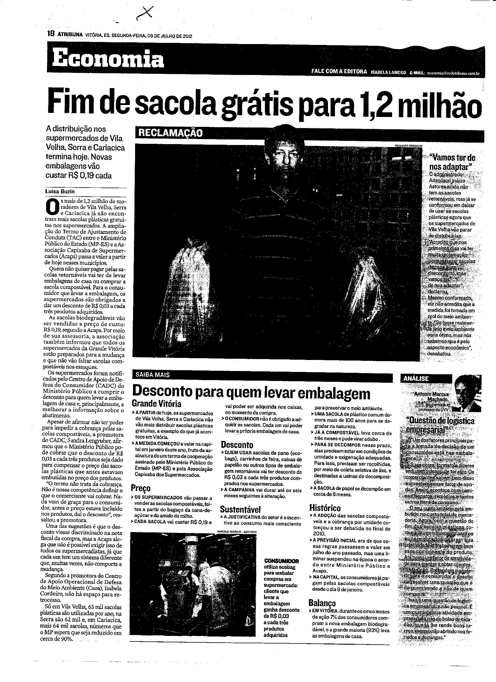Fim de sacolas grátis para 1,2 milhão
