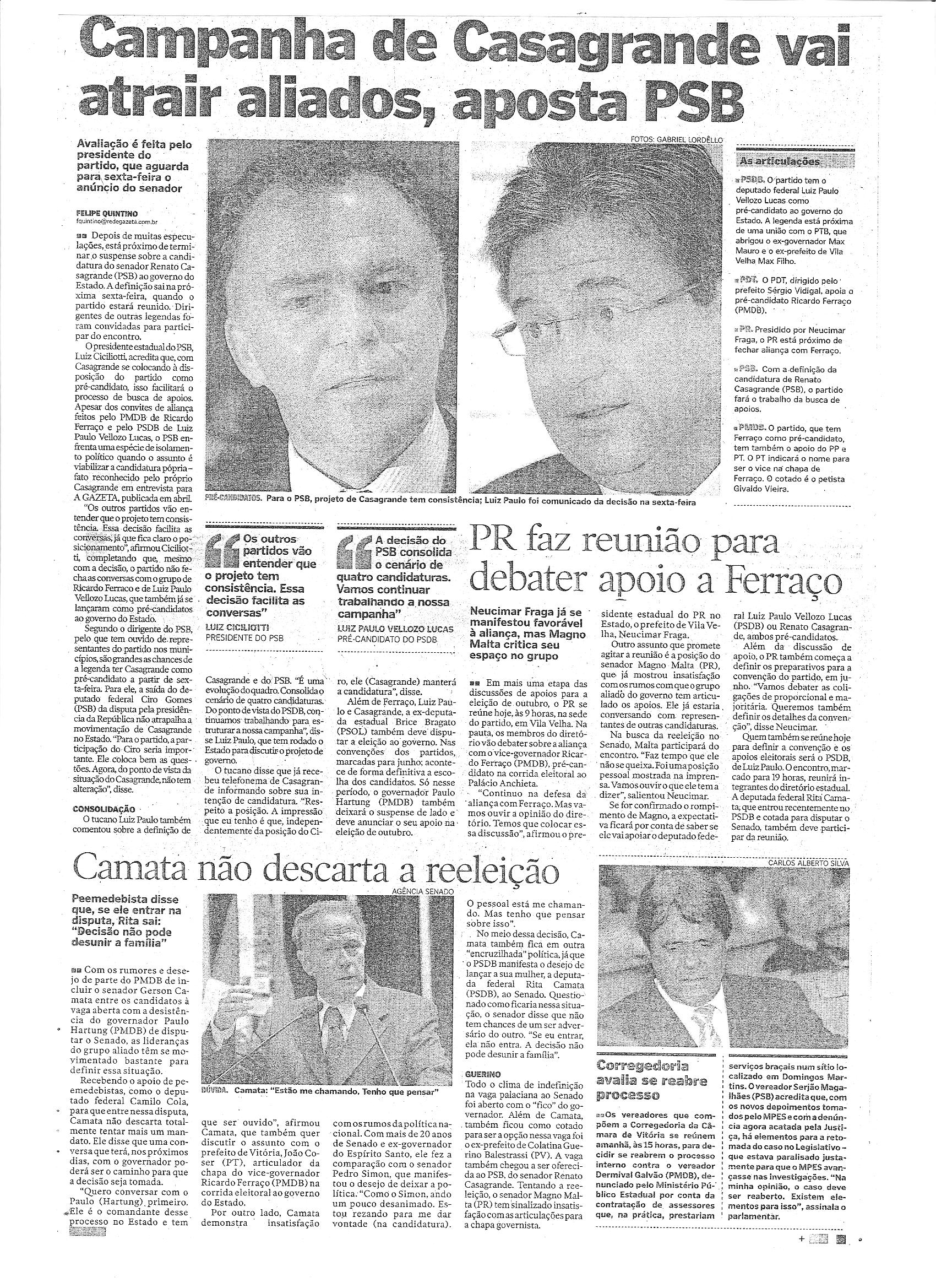 Campanha de Casagrande vai atrair aliados, aposta PSB