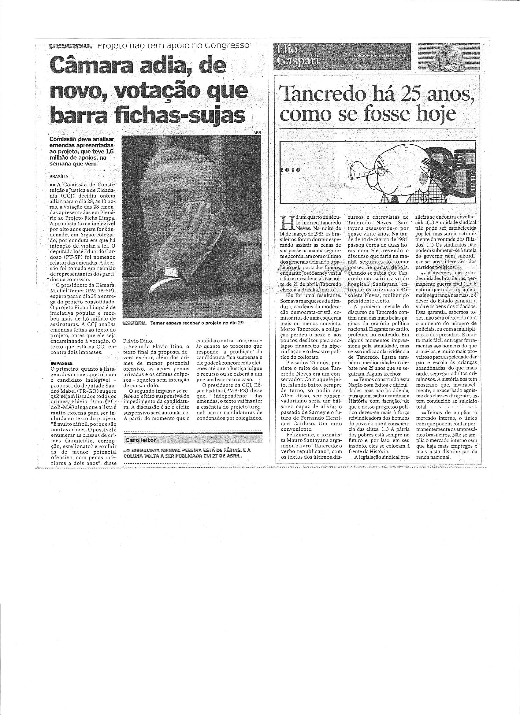 Câmara adia de novo, votação que barra fichas-sujas