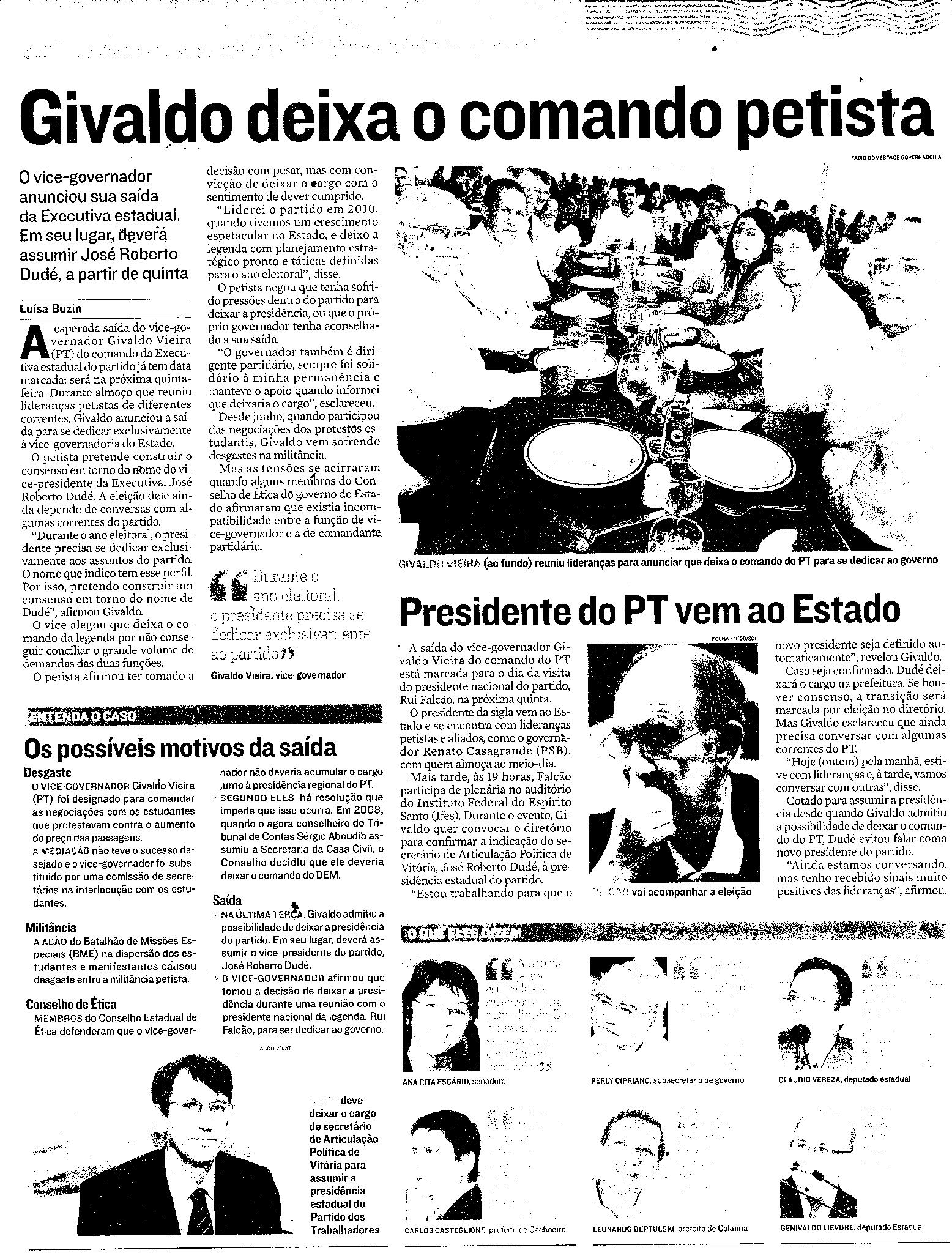 Givaldo deixa o comando petista