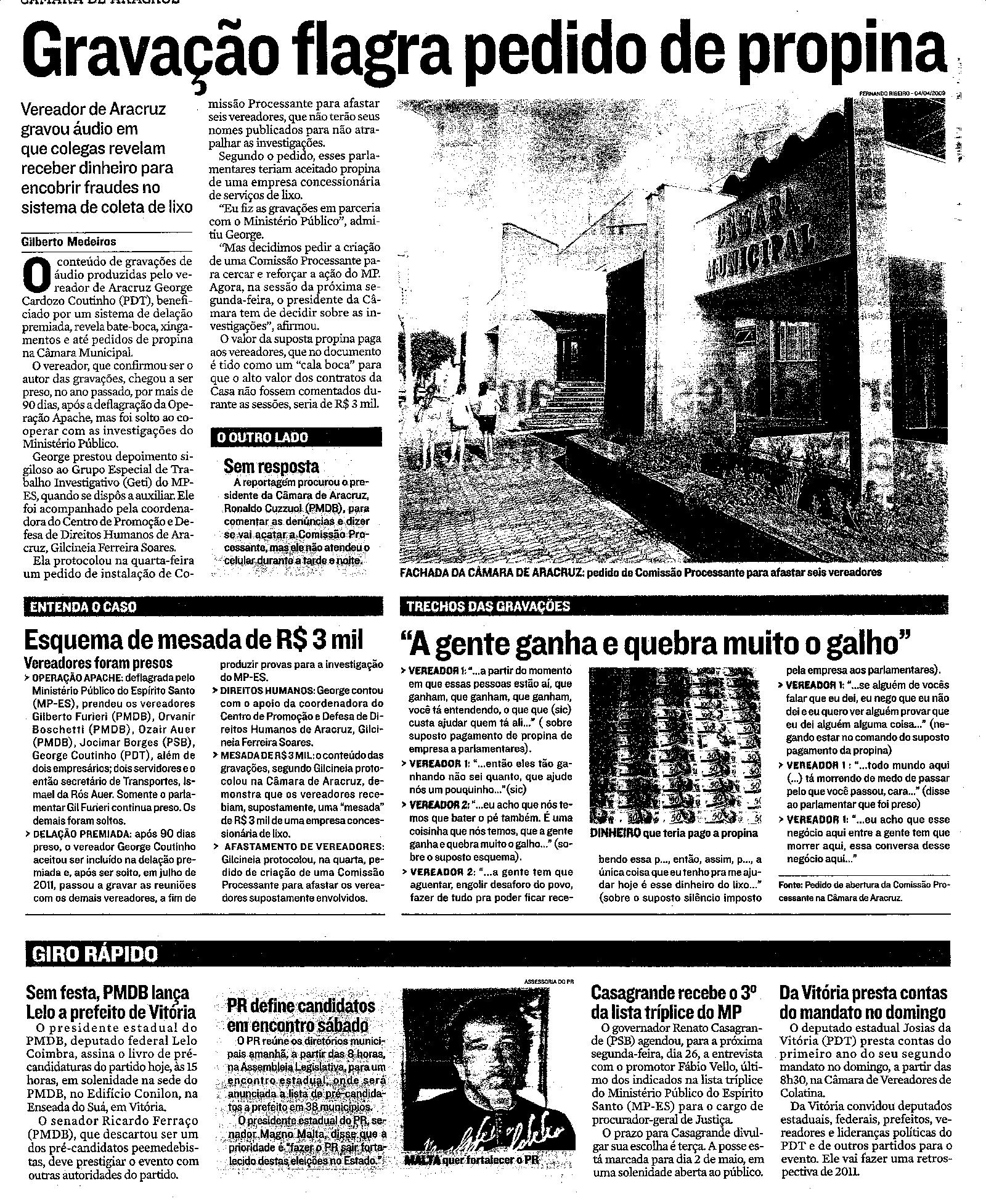 Câmara de Aracruz - Gravação flagra pedido de propina
