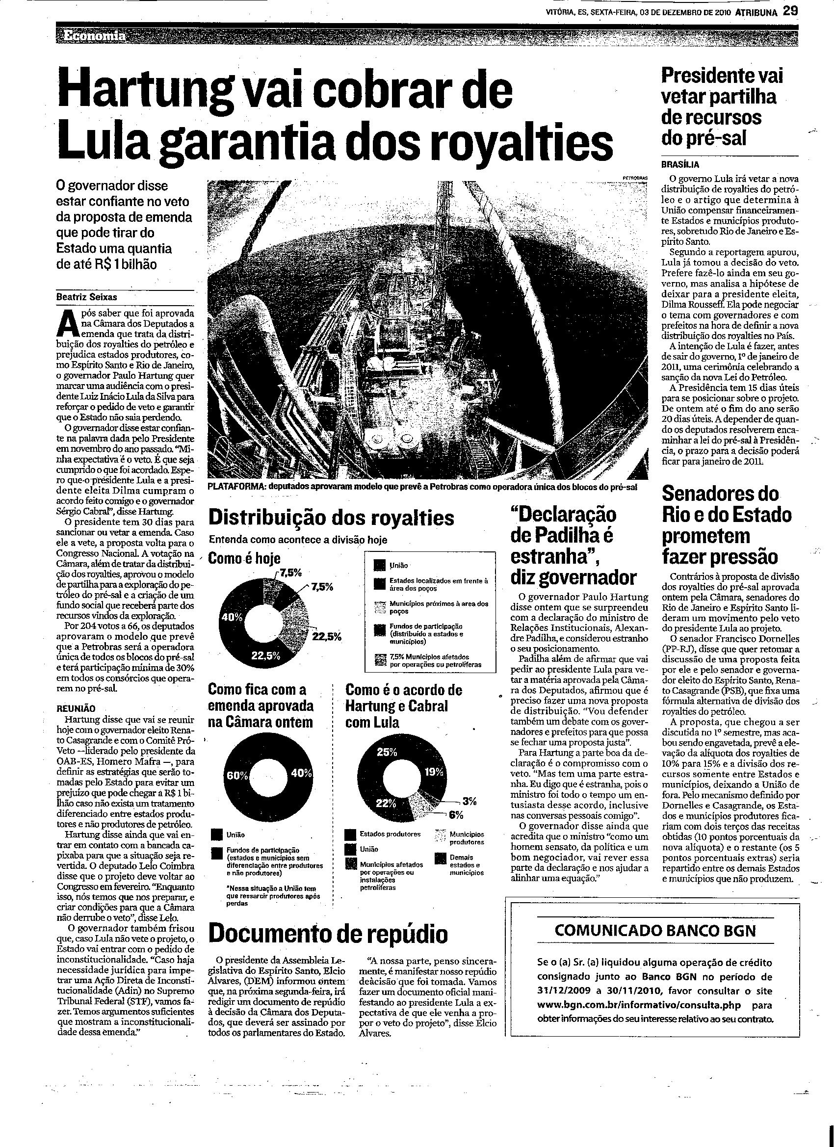 Hartung vai cobrar de Lula garantia dos royalties