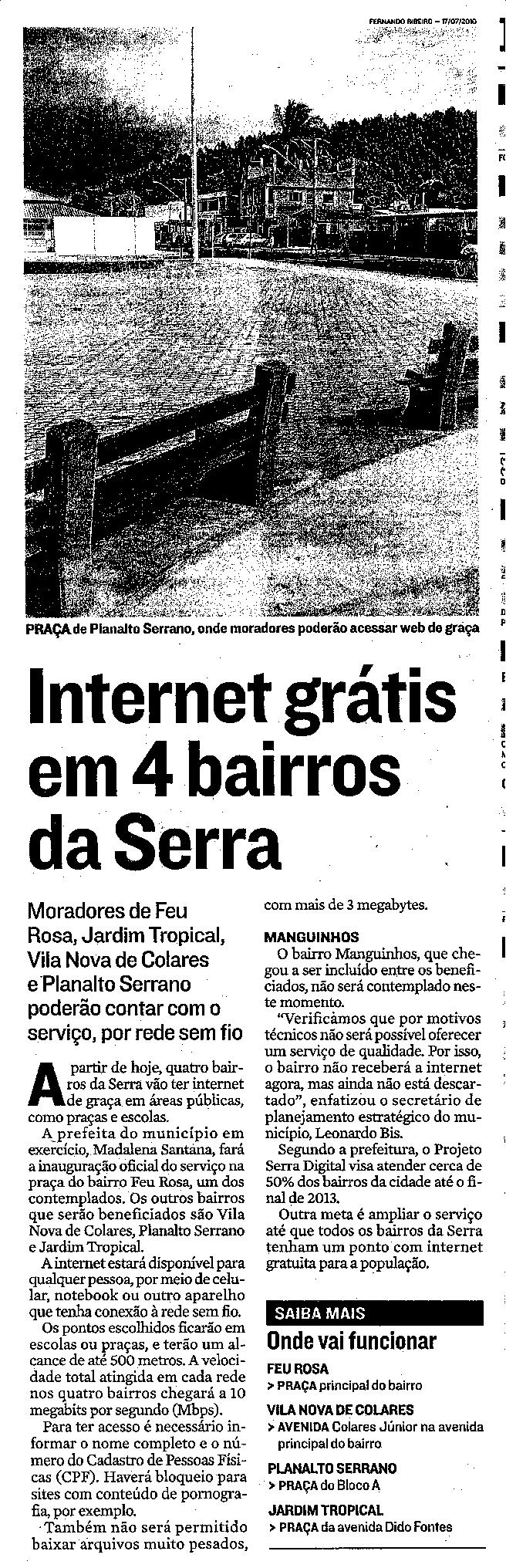 Internet grátis em quatro bairros da Serra