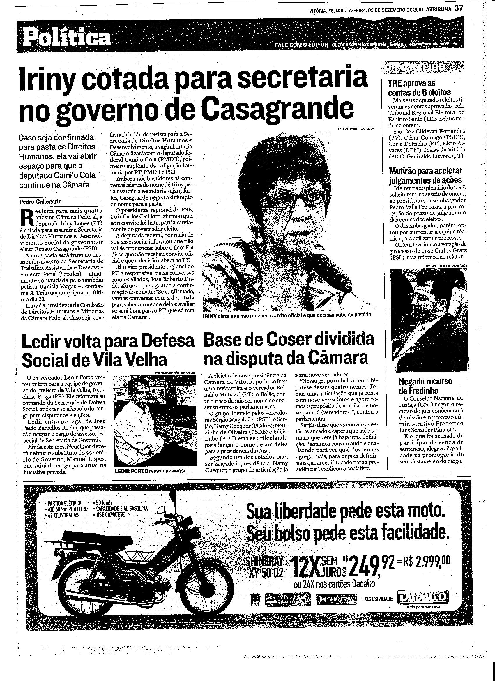 Iriny cotada para secretaria no governo de Casagrande