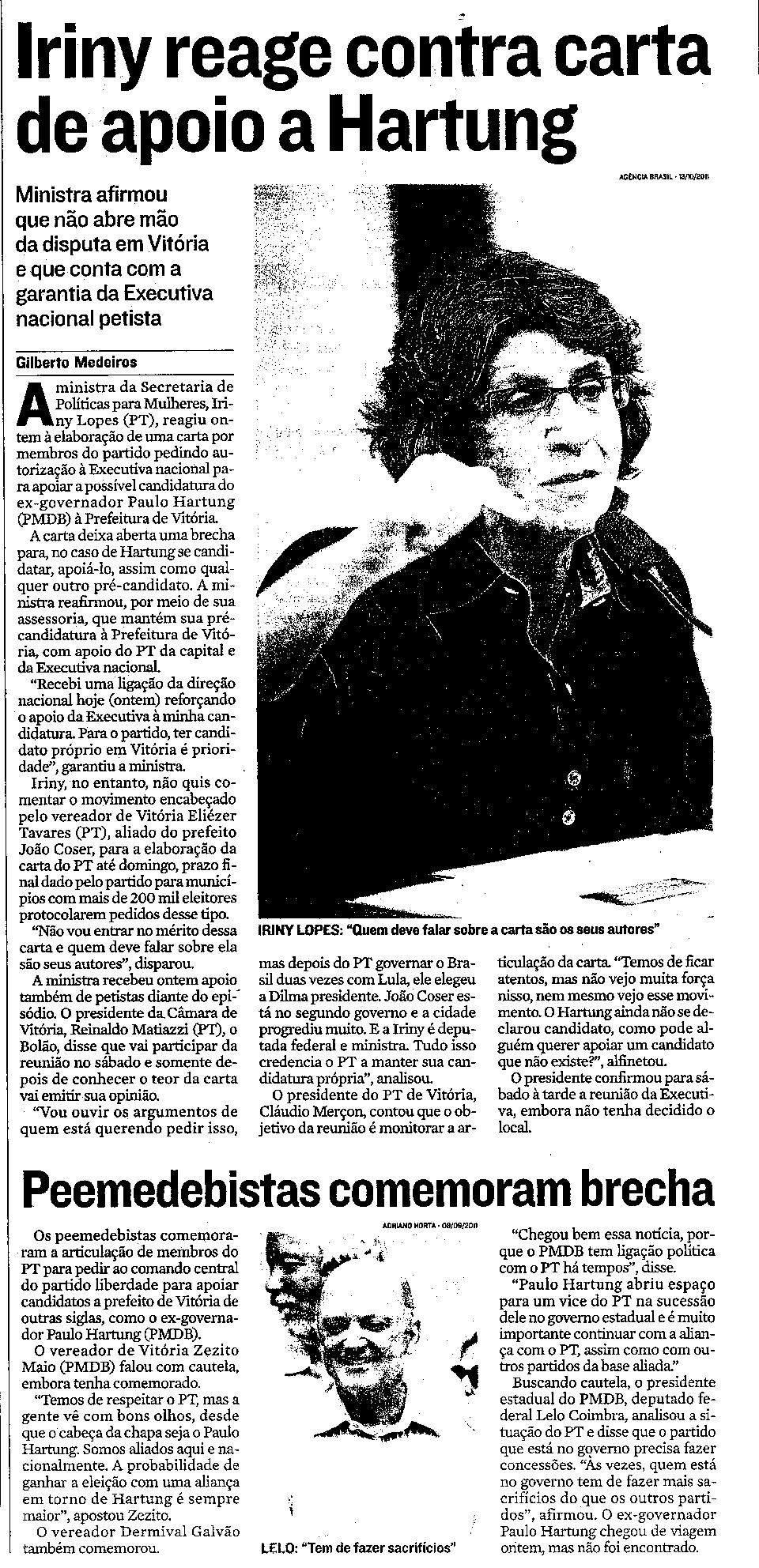 Iriny reage contra carta de apoio a Hartung