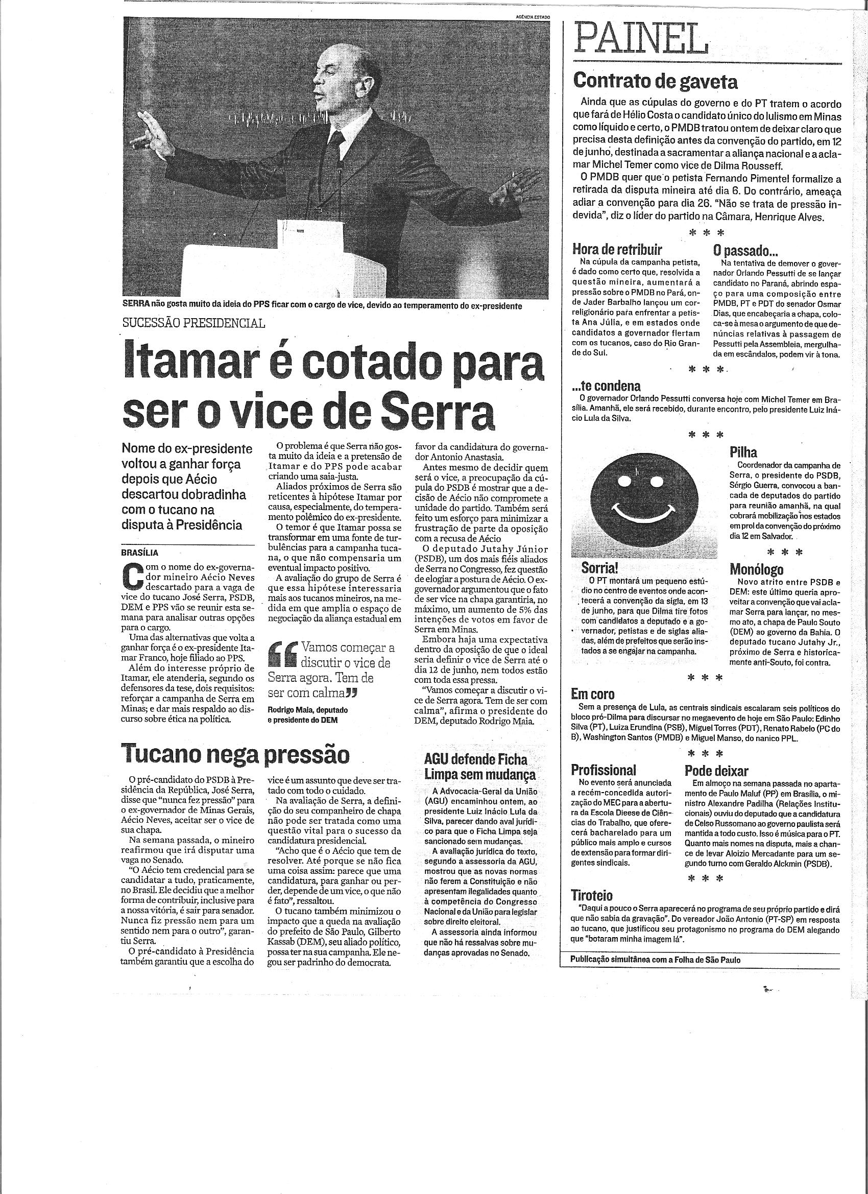 Itamar é cotado para ser o vice de Serra