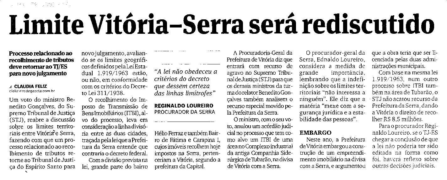 Limite Vitória - Serra será rediscutido